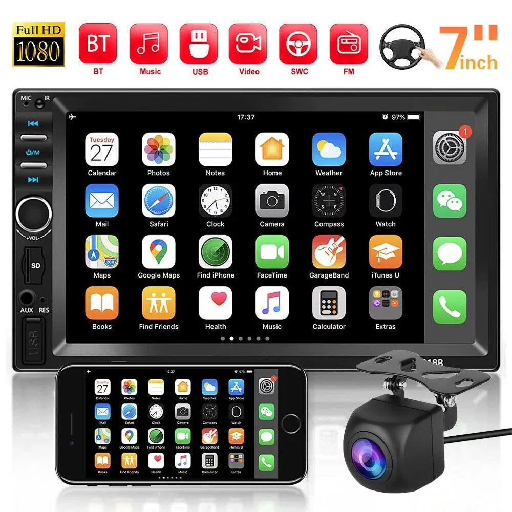 Double Din Car Stereo, 7In HD Bluetooth Car Radio MP5 Player Touch Screen with Backup Camera, Vehicle Audio Receiver with Mirror Link, USB/Car Audio Receiver