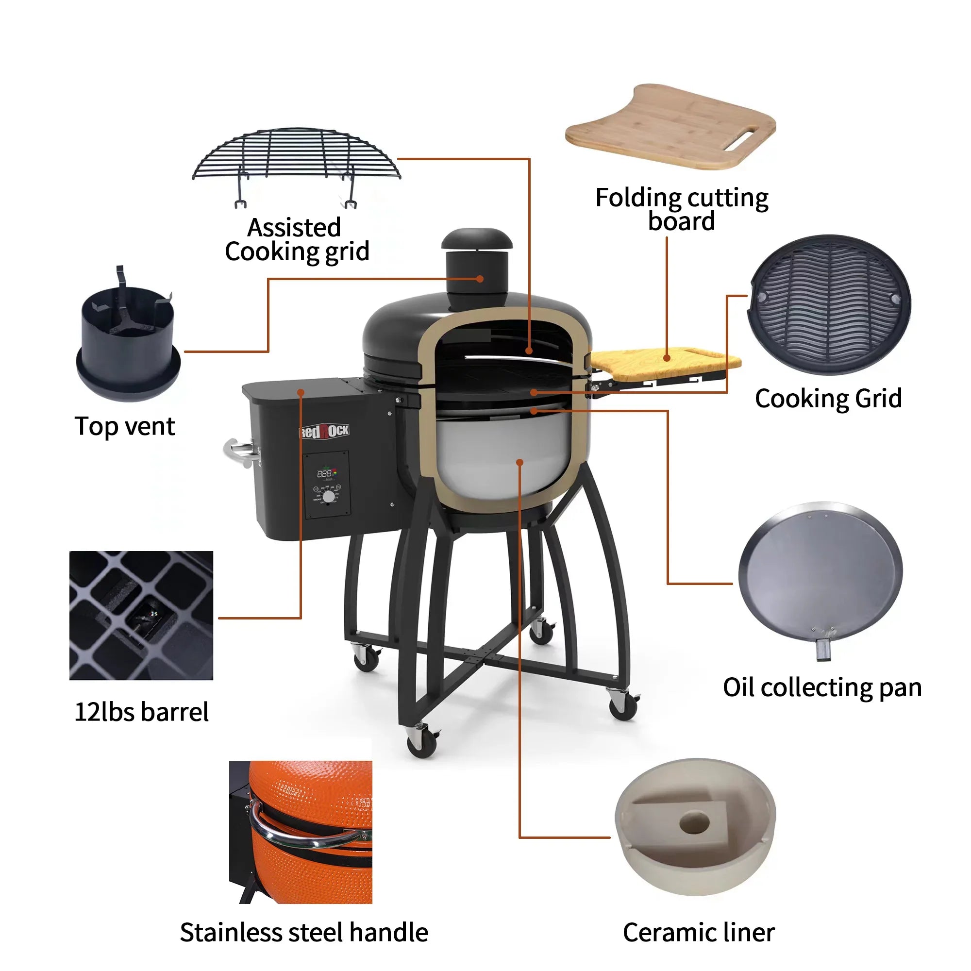 24 "Ceramic Pellet Grill with 19.6" Size Gridiron Double Ceramic Liner 4-in-1 Smoked Roasted BBQ Pan-roasted for Outdoors Patio,Orange