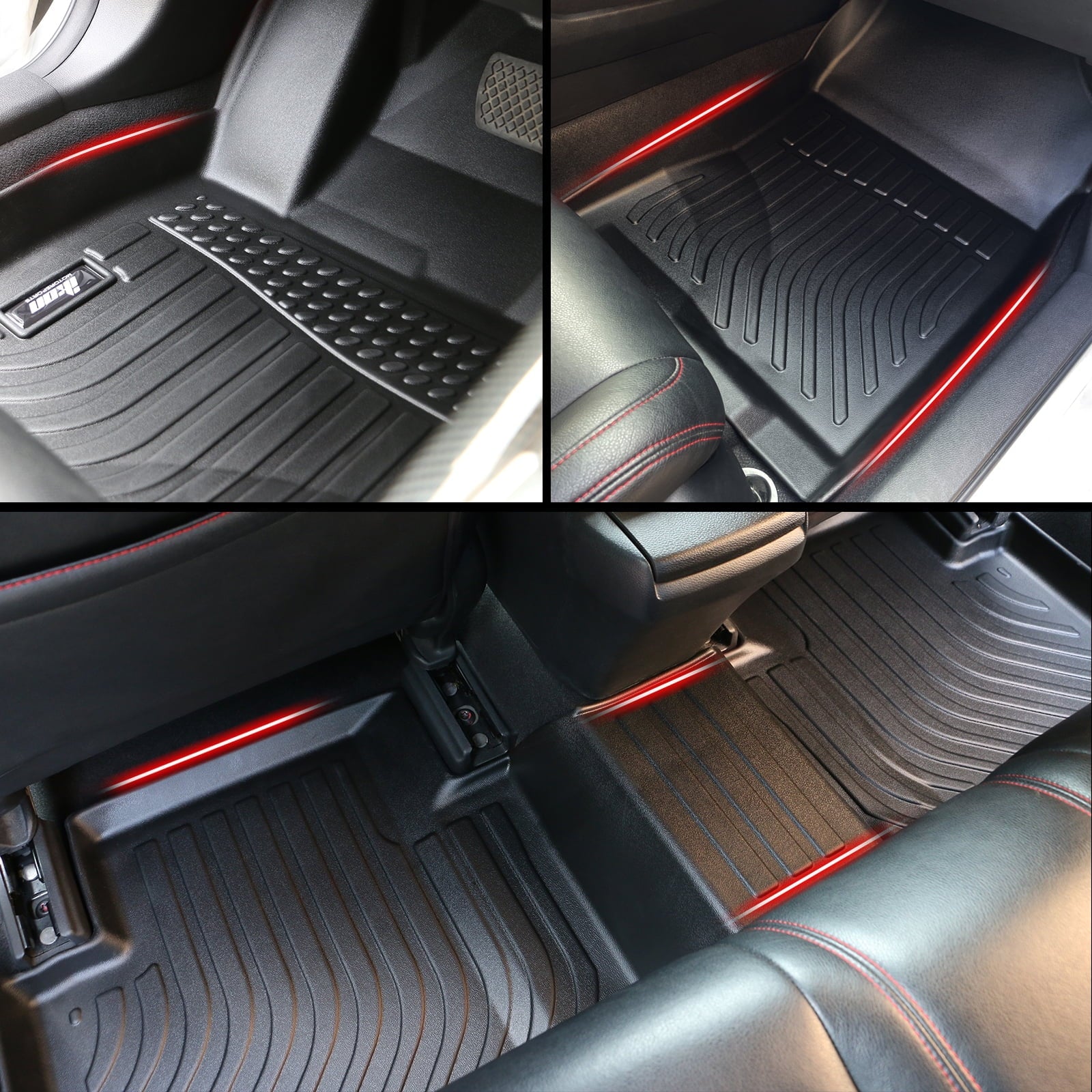 Ikon Motorsports 3D TPE Floor Mats + Trunk Mat, Compatible with 2022-2024 Honda Civic Ebony All Weather Waterproof Anti-Slip Floor Liners Front & 2nd Row Full Set Interior Storage Cover Accessories