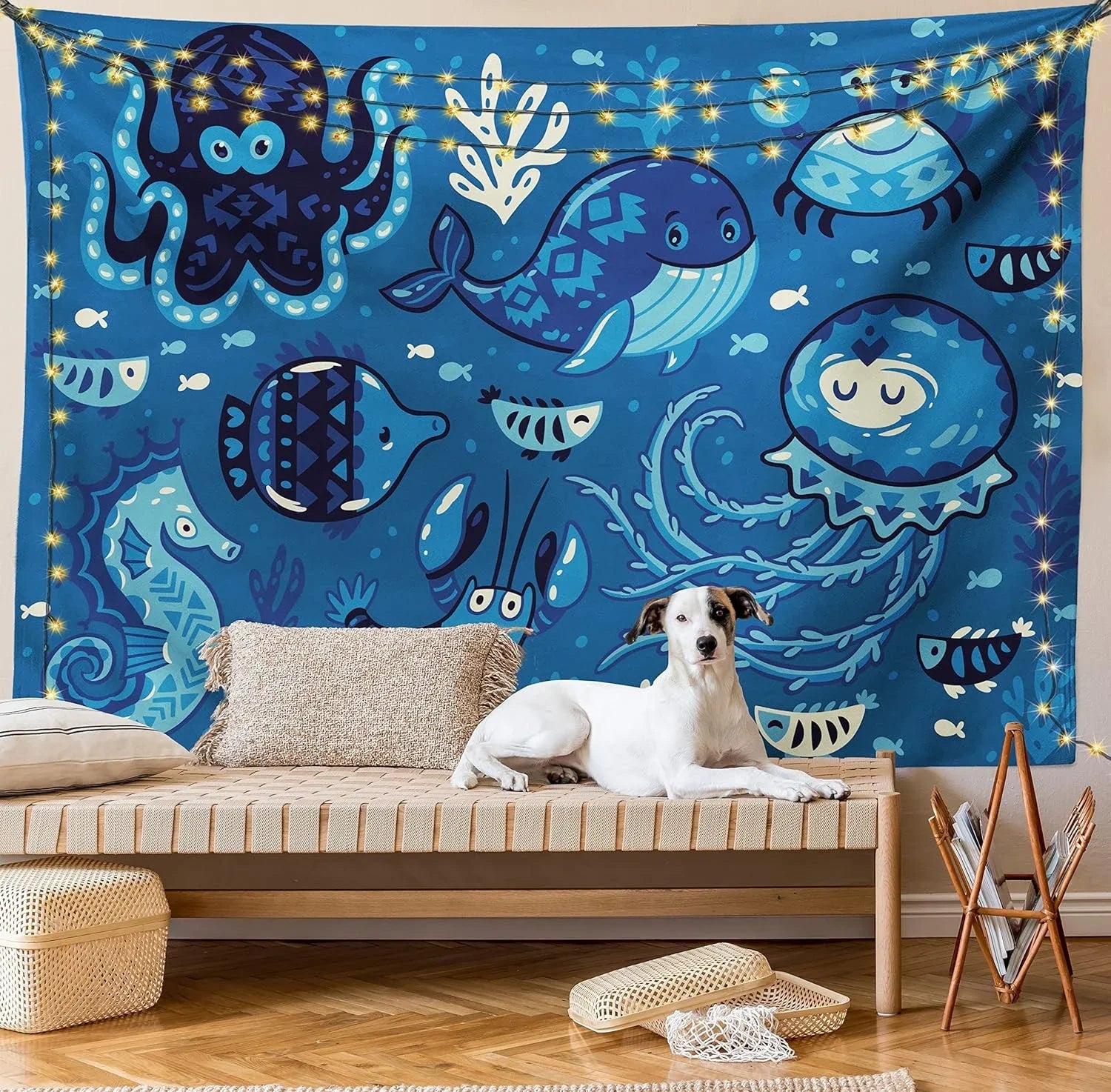 Ocean Tapestry, Deep Sealife With Cartoon Animals Little Whale Fish Octopus And Moss Print, Fabric Wall Hanging Decor For Bedroom Living Room Dorm, 45" X 30", Blue