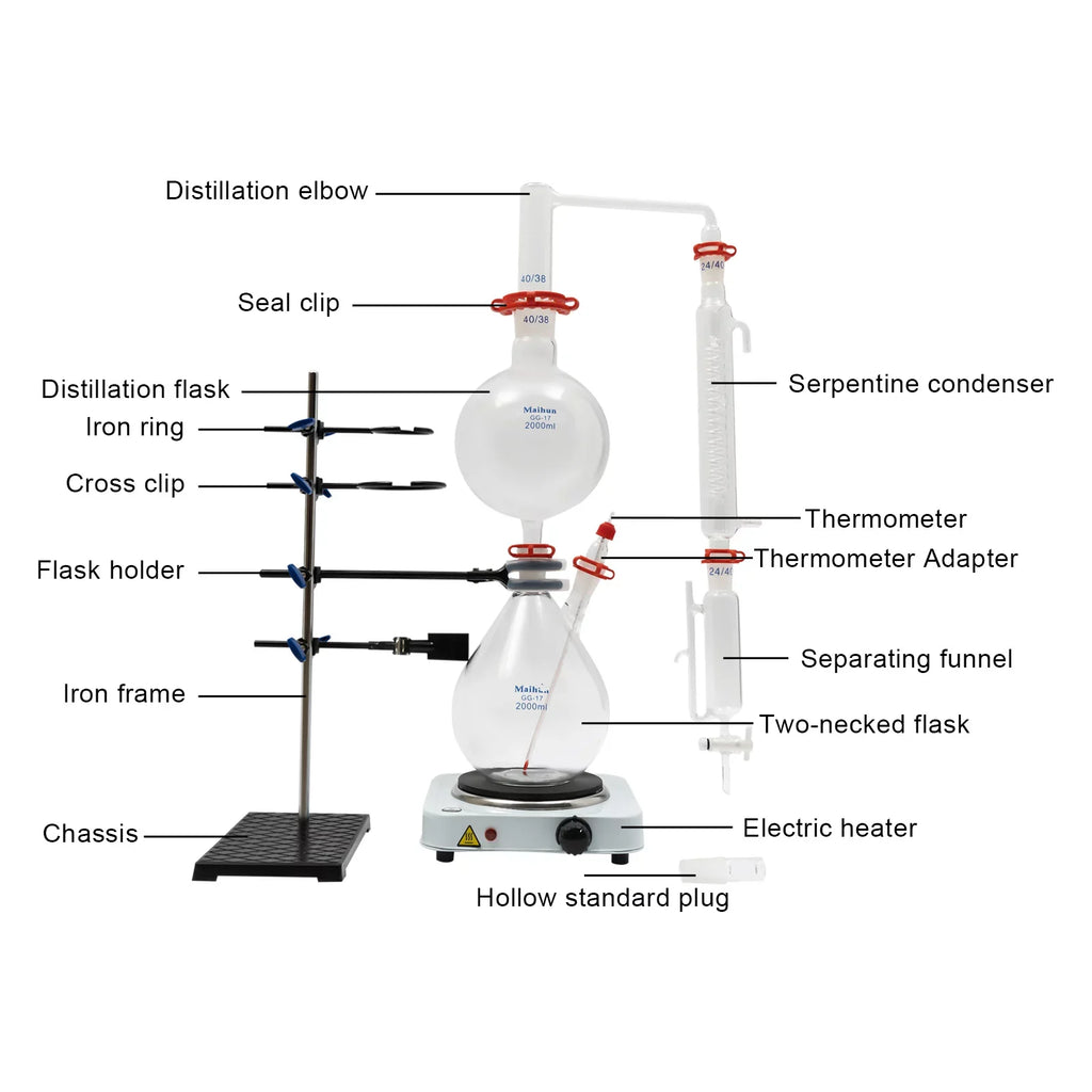 Miumaeov 2000ML Essential Oil Distillation Apparatus with Condenser + Hot Stove + Essential Oil Separator Lab Glass Distillation Kit Steam Water Distiller Purifier
