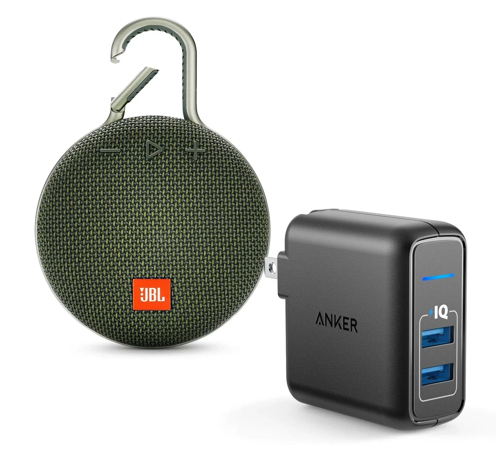 JBL Clip 3 Forest Bluetooth Speaker w/Anker 2 Ports Wall Charger
