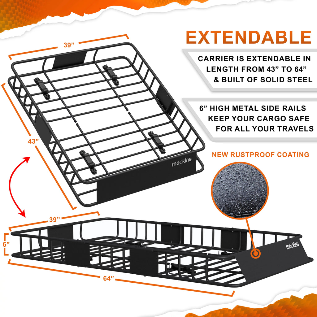 Mockins Rooftop Cargo Carrier Basket - Adjusts from 43-64"L x 39"W x 6"H | 250 lbs. Capacity Cargo Basket + Exterior Automotive Accessories.