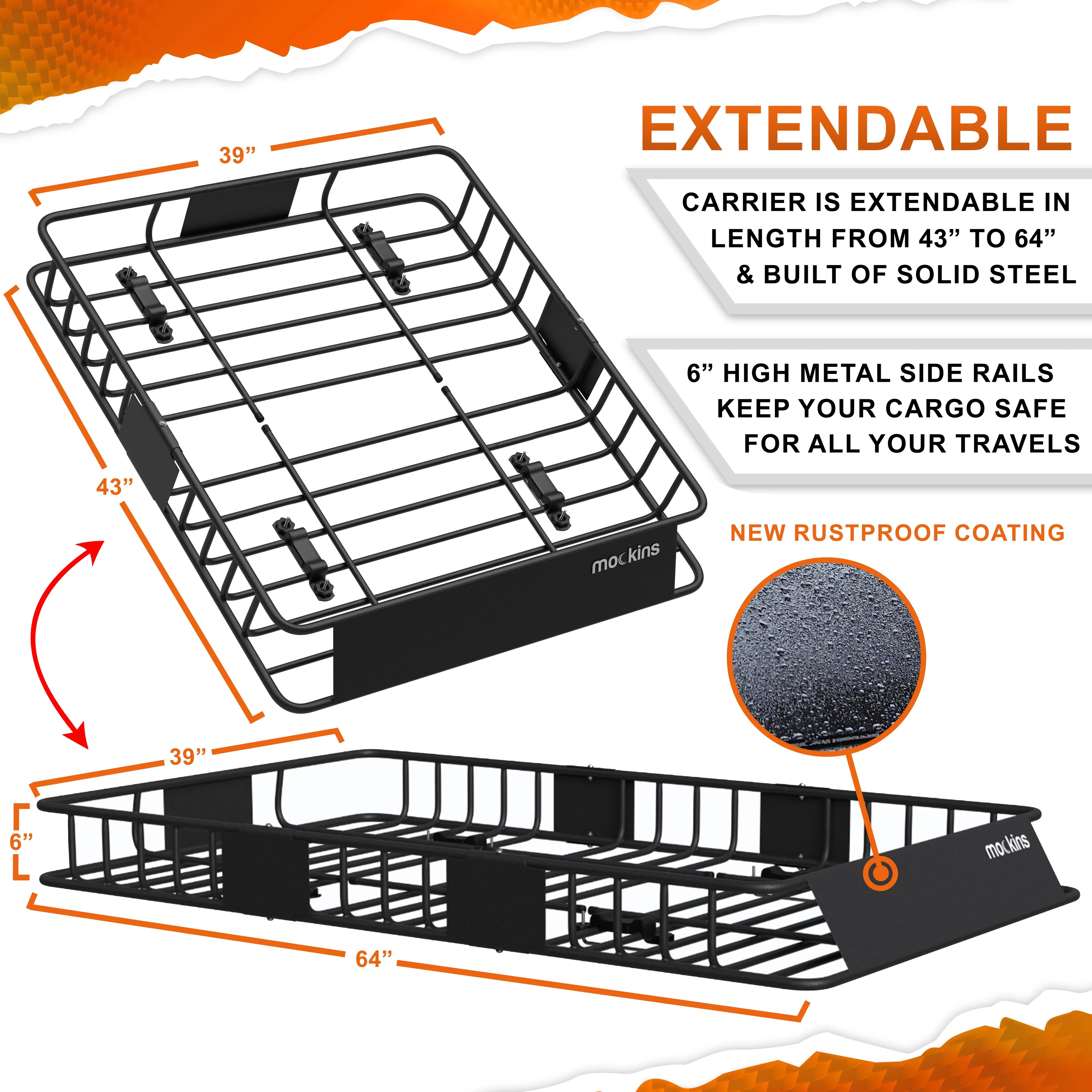 Mockins Rooftop Cargo Carrier Basket - Adjusts from 43-64"L x 39"W x 6"H | 250 lbs. Capacity Cargo Basket + Exterior Automotive Accessories.
