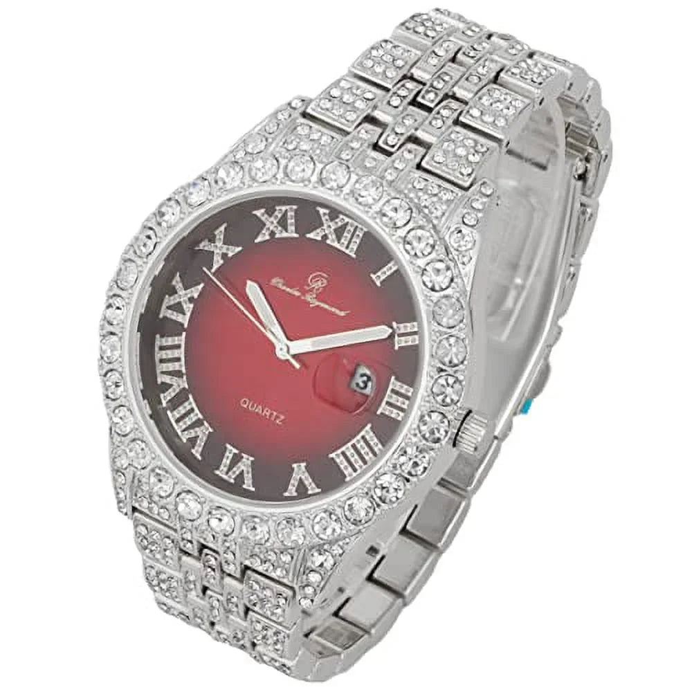 Charles Raymond Big Rocks w/Roman Numerals Fully Iced Out Mens Watch w/Easy Read Date and Colorful Dials- Designer Hip Hop Blinged Out Timepiece - ST0226RND Cuban Silver RED