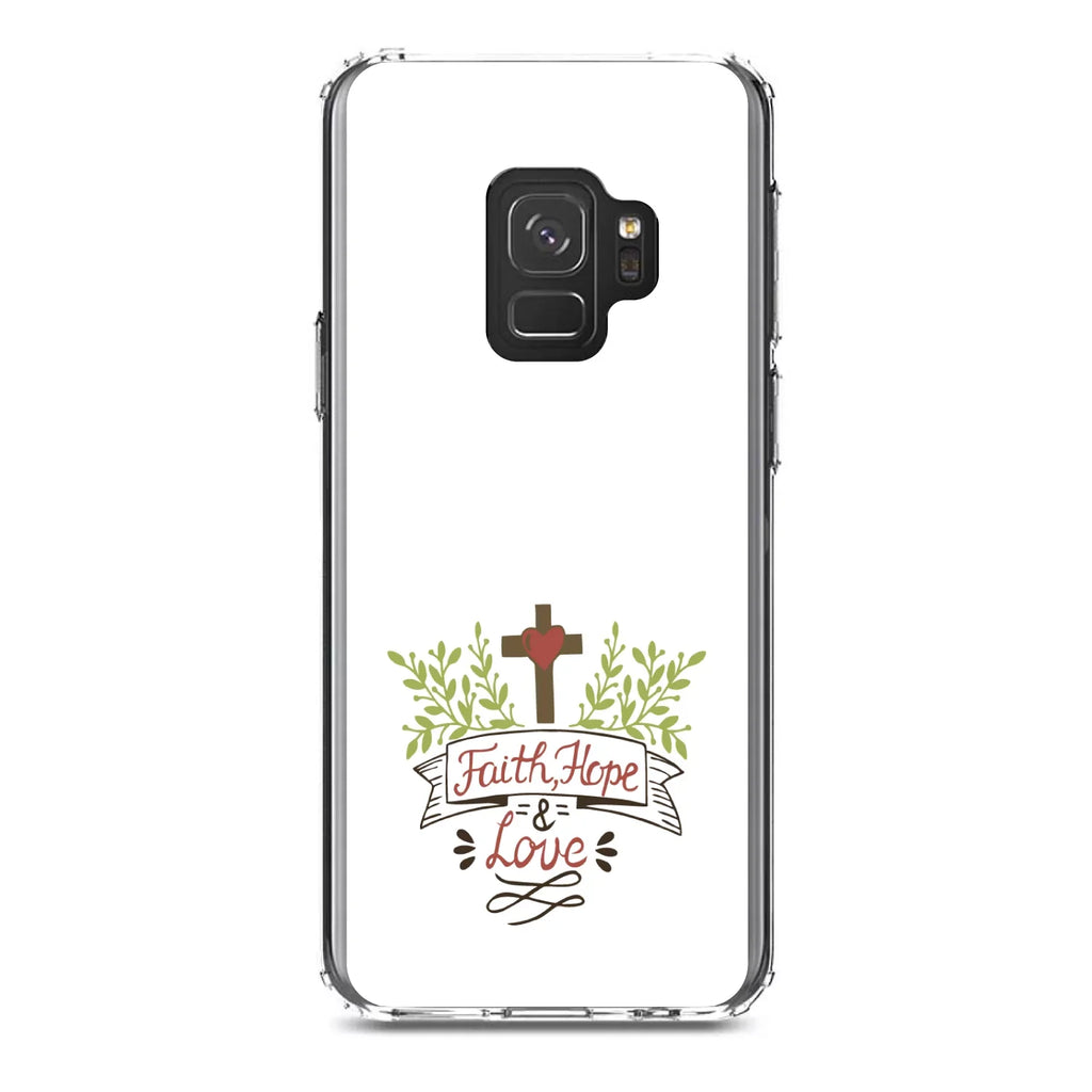 DistinctInk Clear Shockproof Hybrid Case for Galaxy S9 (5.8" Screen) - TPU Bumper, Acrylic Back, Tempered Glass Screen Protector - Faith, Hope & Love - Cross & Leaves
