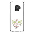 DistinctInk Clear Shockproof Hybrid Case for Galaxy S9 (5.8" Screen) - TPU Bumper, Acrylic Back, Tempered Glass Screen Protector - Faith, Hope & Love - Cross & Leaves