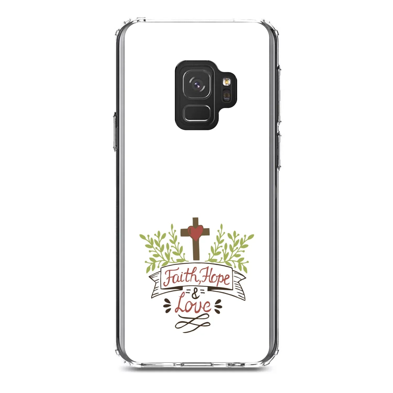 DistinctInk Clear Shockproof Hybrid Case for Galaxy S9 (5.8" Screen) - TPU Bumper, Acrylic Back, Tempered Glass Screen Protector - Faith, Hope & Love - Cross & Leaves