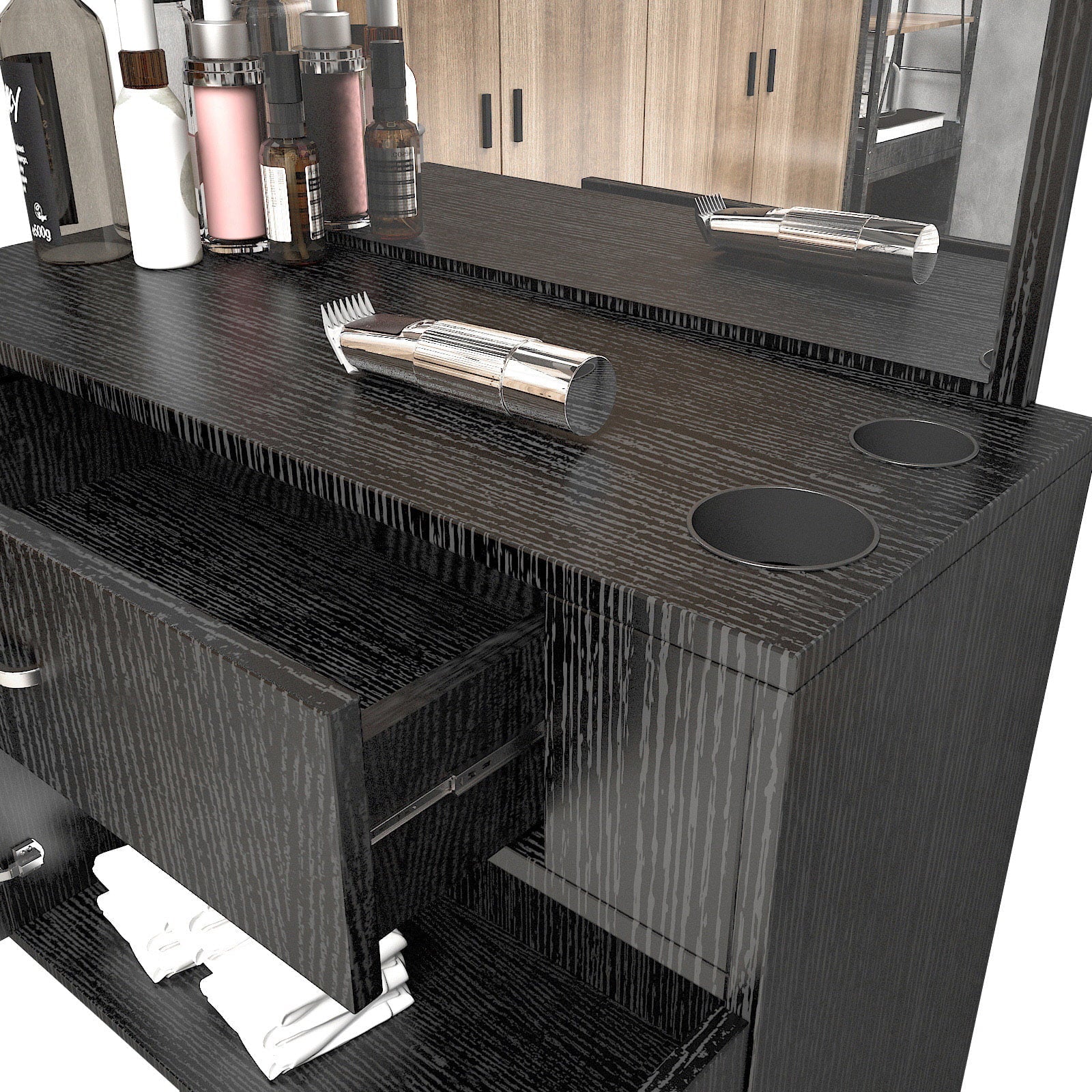 Artist Hand Wall Mount Barber Salon Station Hair Styling Makeup Spa with Mirror, Drawer, 2 Doors Ebony