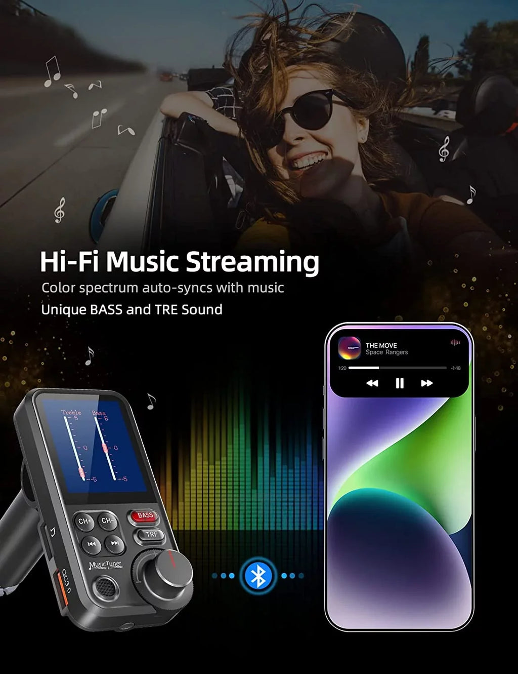 FM Bluetooth Transmitter for car, Strong Microphone Bluetooth Car Adapter with 1.8" Color Screen for Hands Free Calls, Supports QC3.0 Charging, Treble and Bass Sound Music Player- KM30