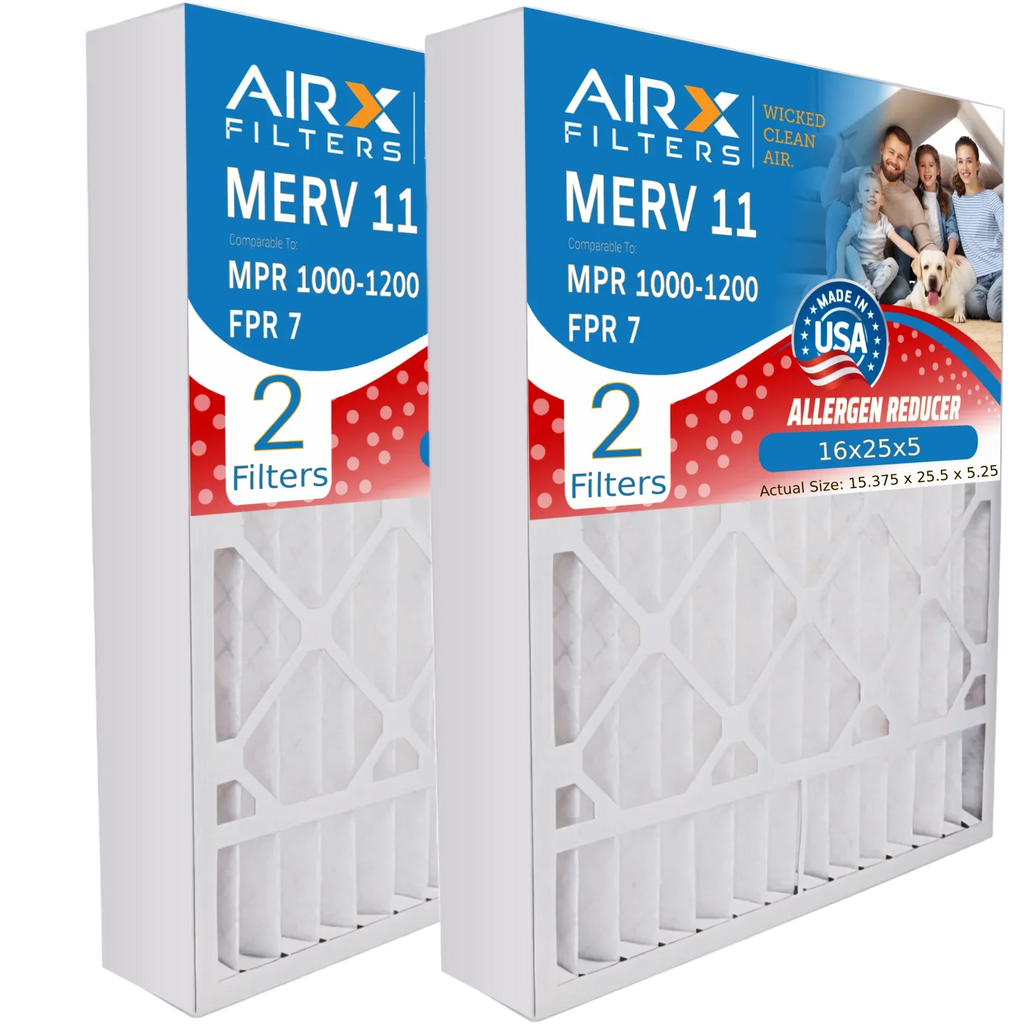16x25x5 Air Filter MERV 11 Comparable to MPR 1000, MPR 1200 & FPR 7 Compatible with Goodman M1-1056 / Amana AMP-M1-1056 Premium USA Made 16x25x5 Furnace Filter 2 Pack by AIRX FILTERS WICKED CLEAN AIR.