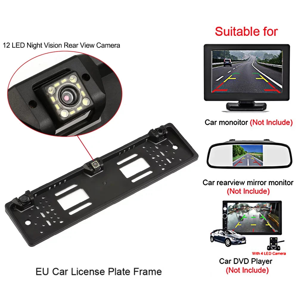 Meterk European License Plate Frame Backup Camera 12 LED Rear View Camera with Reversing System Parking Sensor