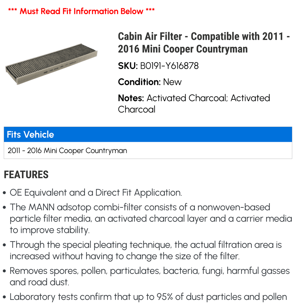 Cabin Air Filter - Compatible with 2011 - 2016 Mini Cooper Countryman 2012 2013 2014 2015