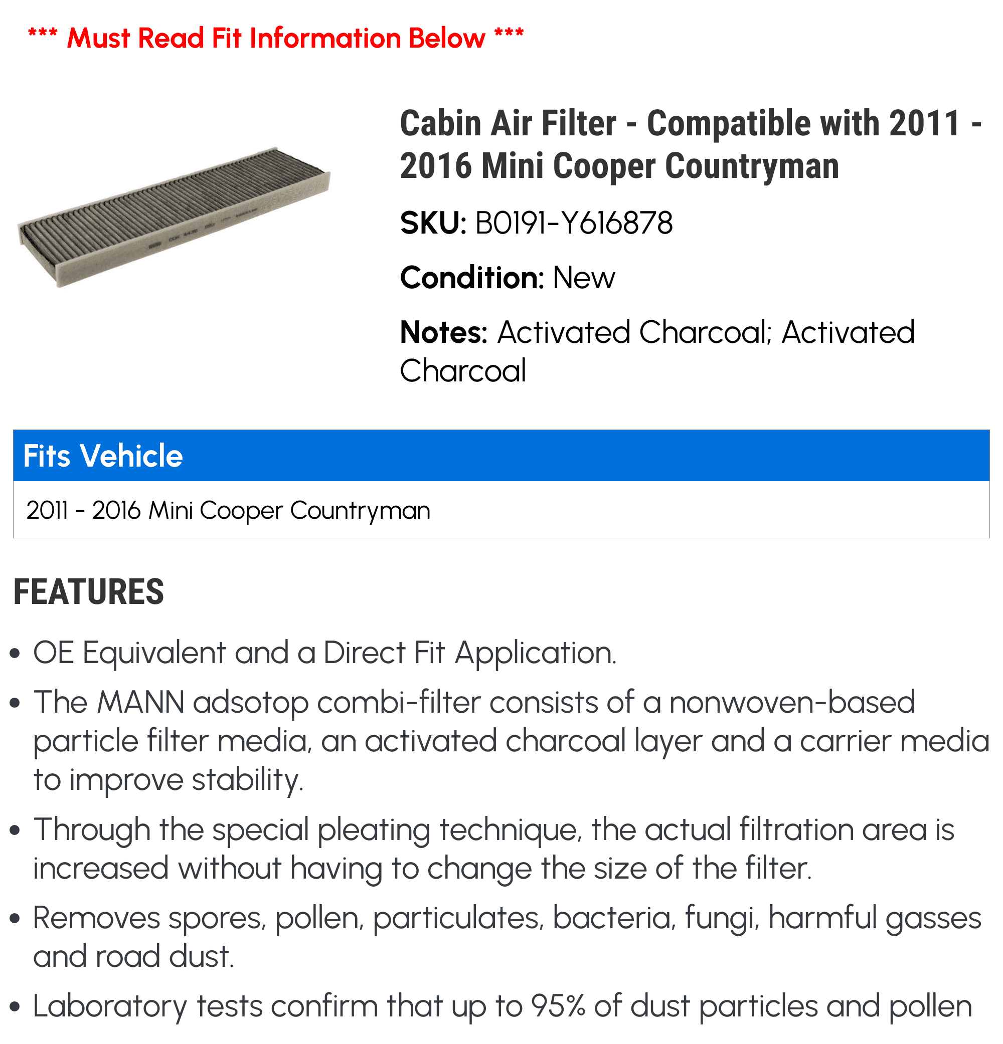 Cabin Air Filter - Compatible with 2011 - 2016 Mini Cooper Countryman 2012 2013 2014 2015