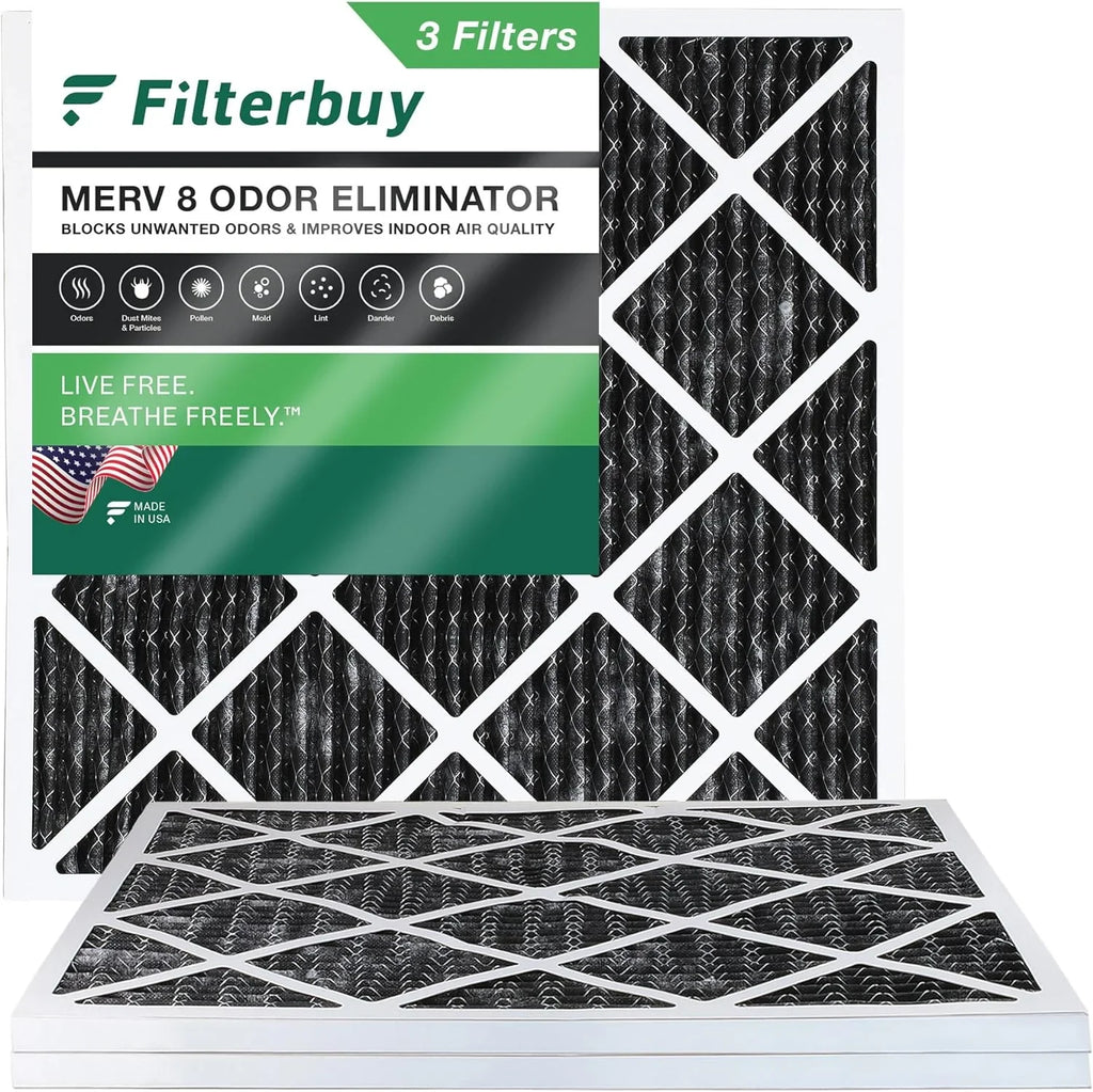 Filterbuy 12x12x1 MERV 8 Odor Eliminator Pleated HVAC AC Furnace Air Filters with Activated Carbon (3-Pack)