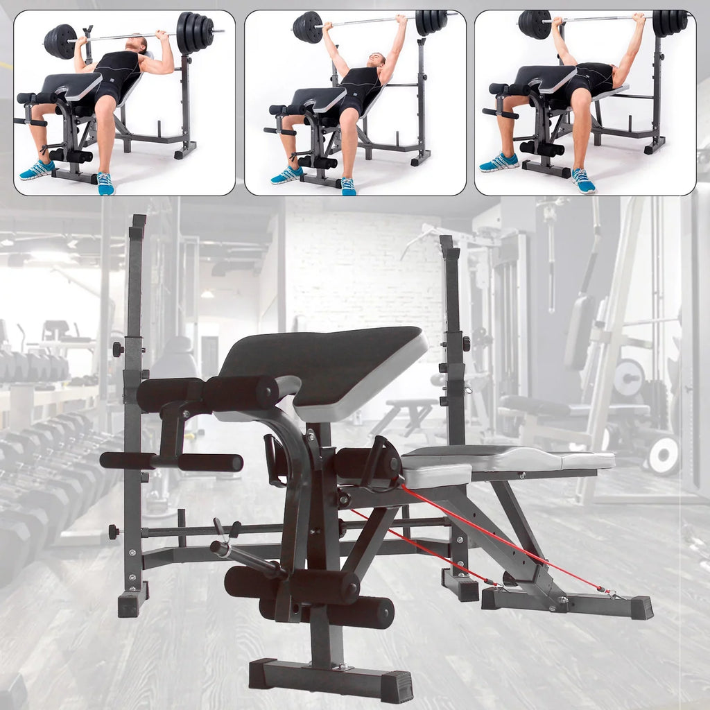 US Stock Body Champ Olympic Mass Bench, Workout Equipment for Home Workouts, Bench Press with Preacher Curl, Leg Developer and Crunch Handle for At Home Workouts