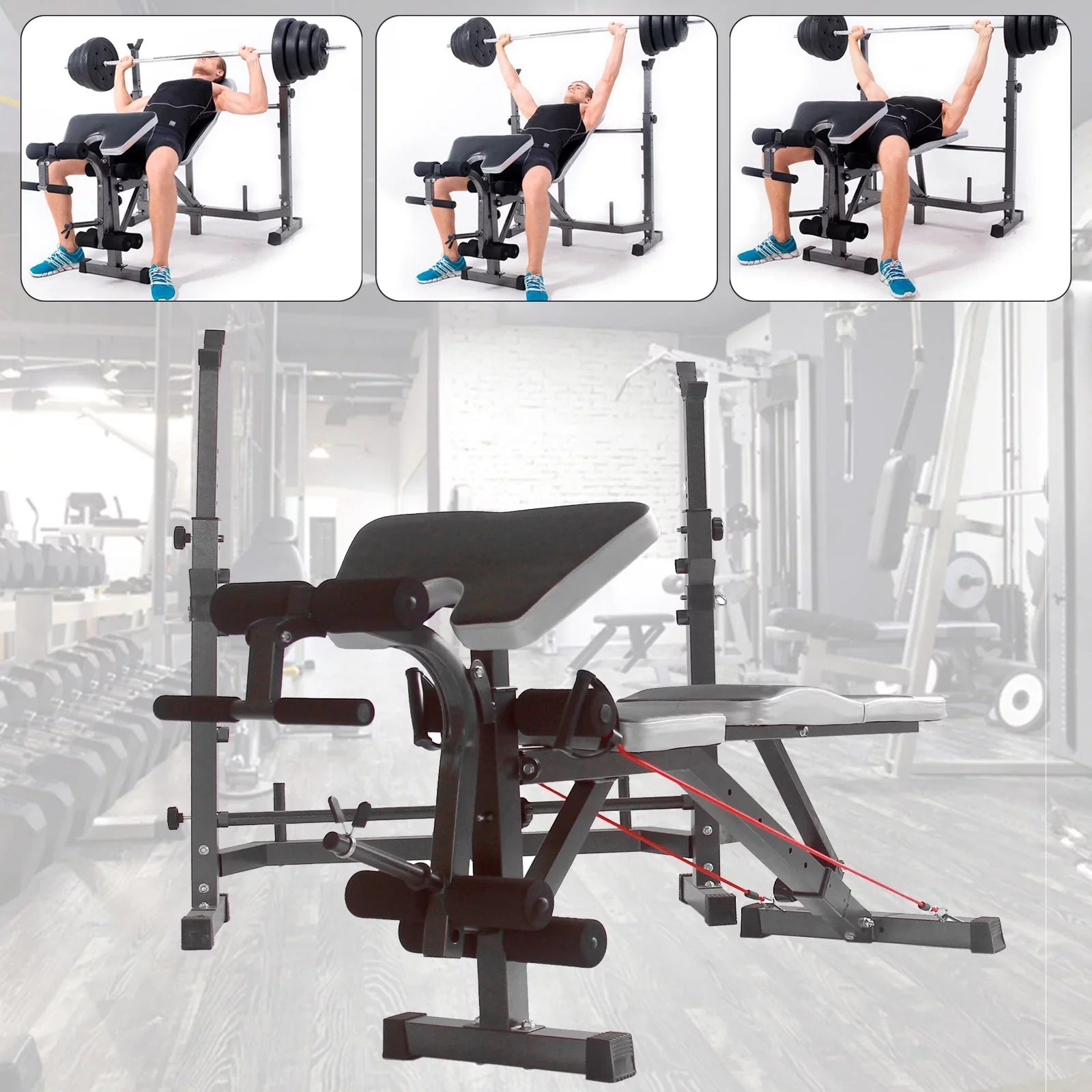 US Stock Body Champ Olympic Mass Bench, Workout Equipment for Home Workouts, Bench Press with Preacher Curl, Leg Developer and Crunch Handle for At Home Workouts