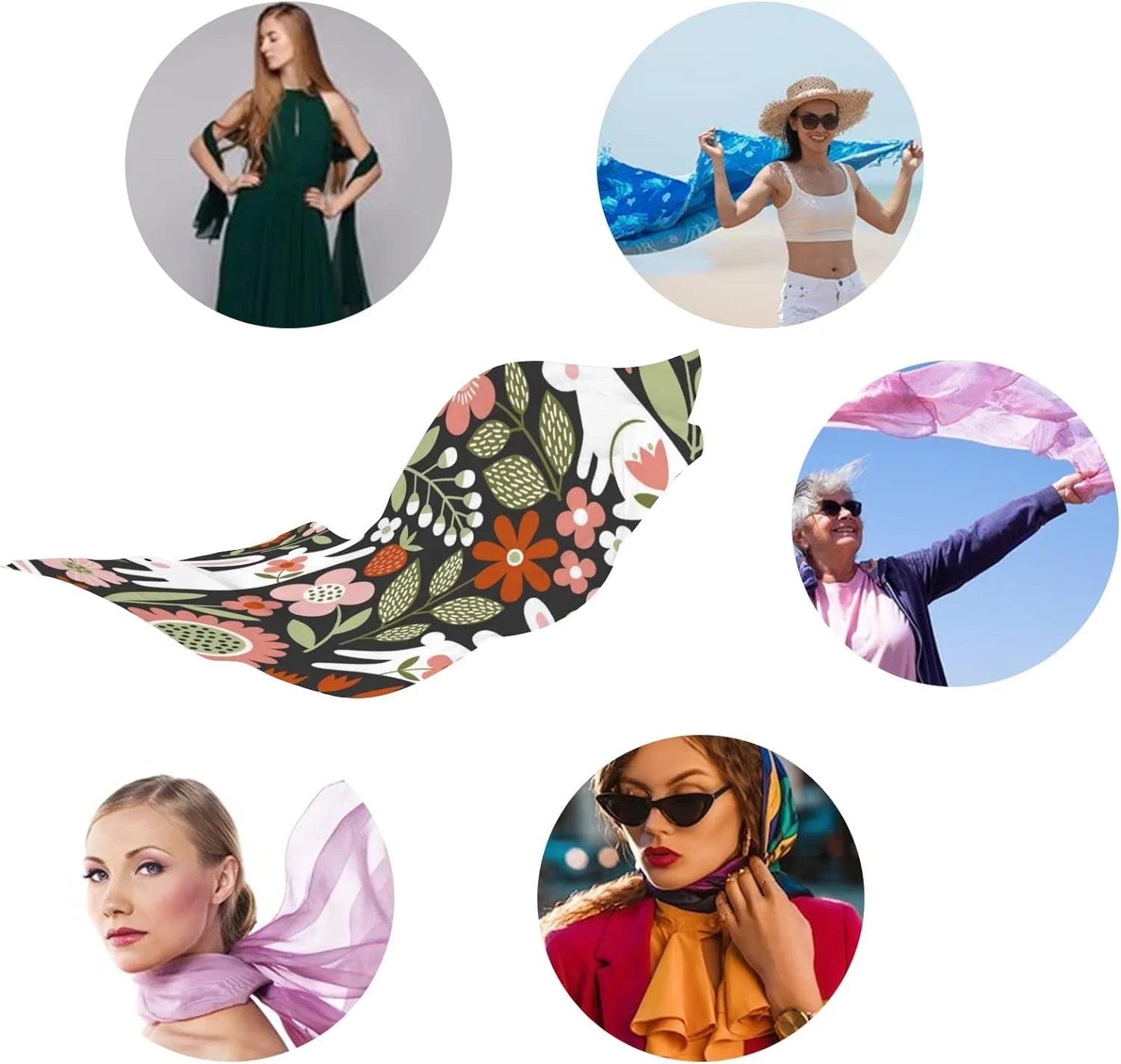 Hyjoy Cute White Rabbits Flowers Leaves Long Silk Neck Scarf Mass Shawl Wrap Scarves for Women Girls