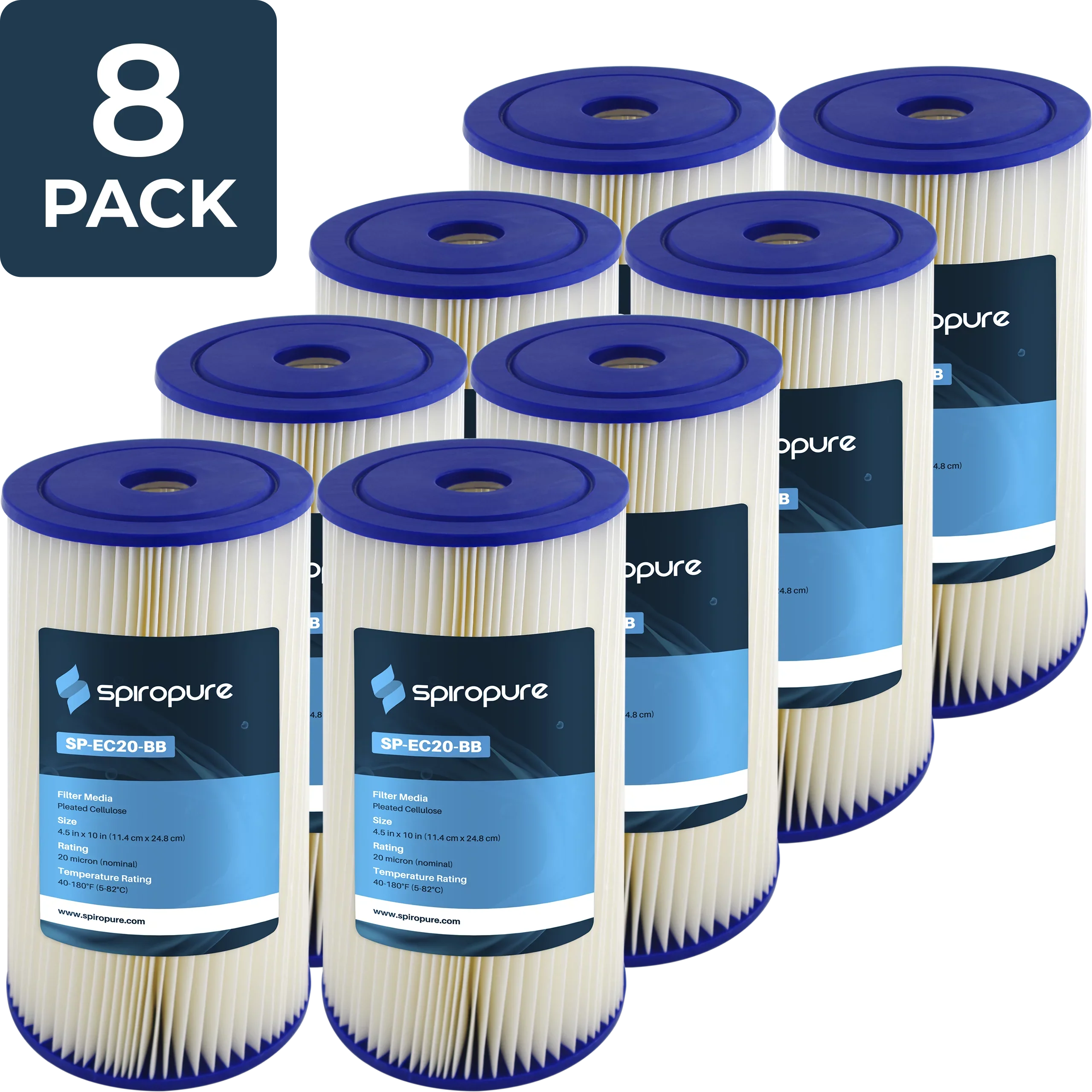 SpiroPure SP-EC20-BB 10x4.5 20 Micron Pleated Cellulose Sediment Water Filter Cartridge ECP20-BB 255491-43 (Case of 8)