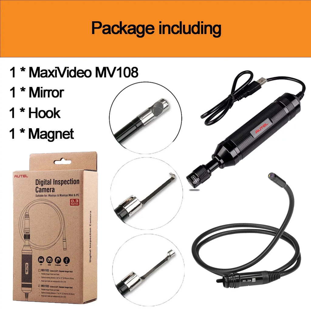 Autel MaxiVideo MV108 Digital Inspection Camera Video Scope with Waterproof Imager Head Work with PC MS906BT MS906TS MS906 PRO MS906S MS906 PRO-TS MS908P MX808 MS909 MS919 MS Ultra MS Elite-MV108