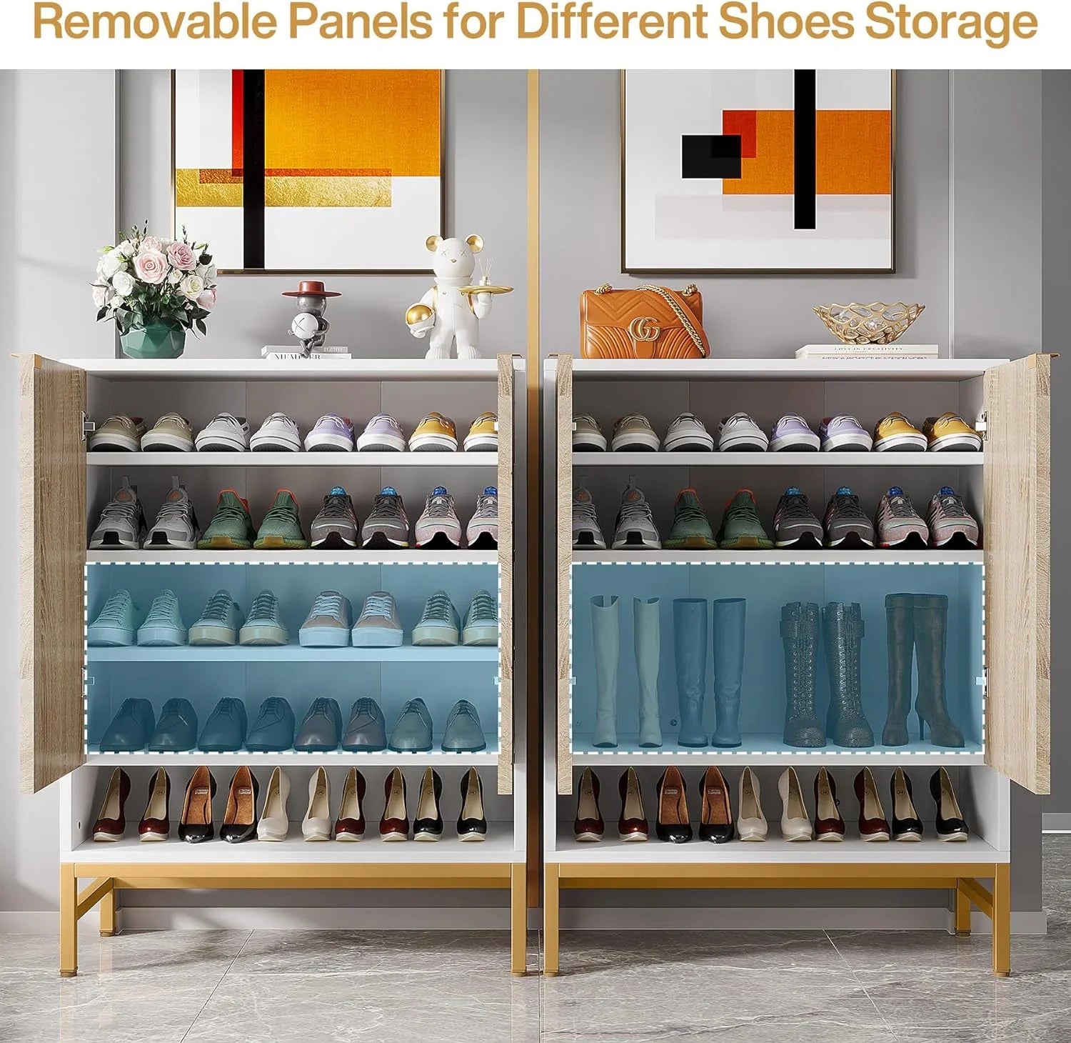 Tribesigns Shoe Cabinet with Doors, Entryway 5 Tier Shoe Storage Cabinet with Adjustable Shelves, Wood Grain & White & Gold