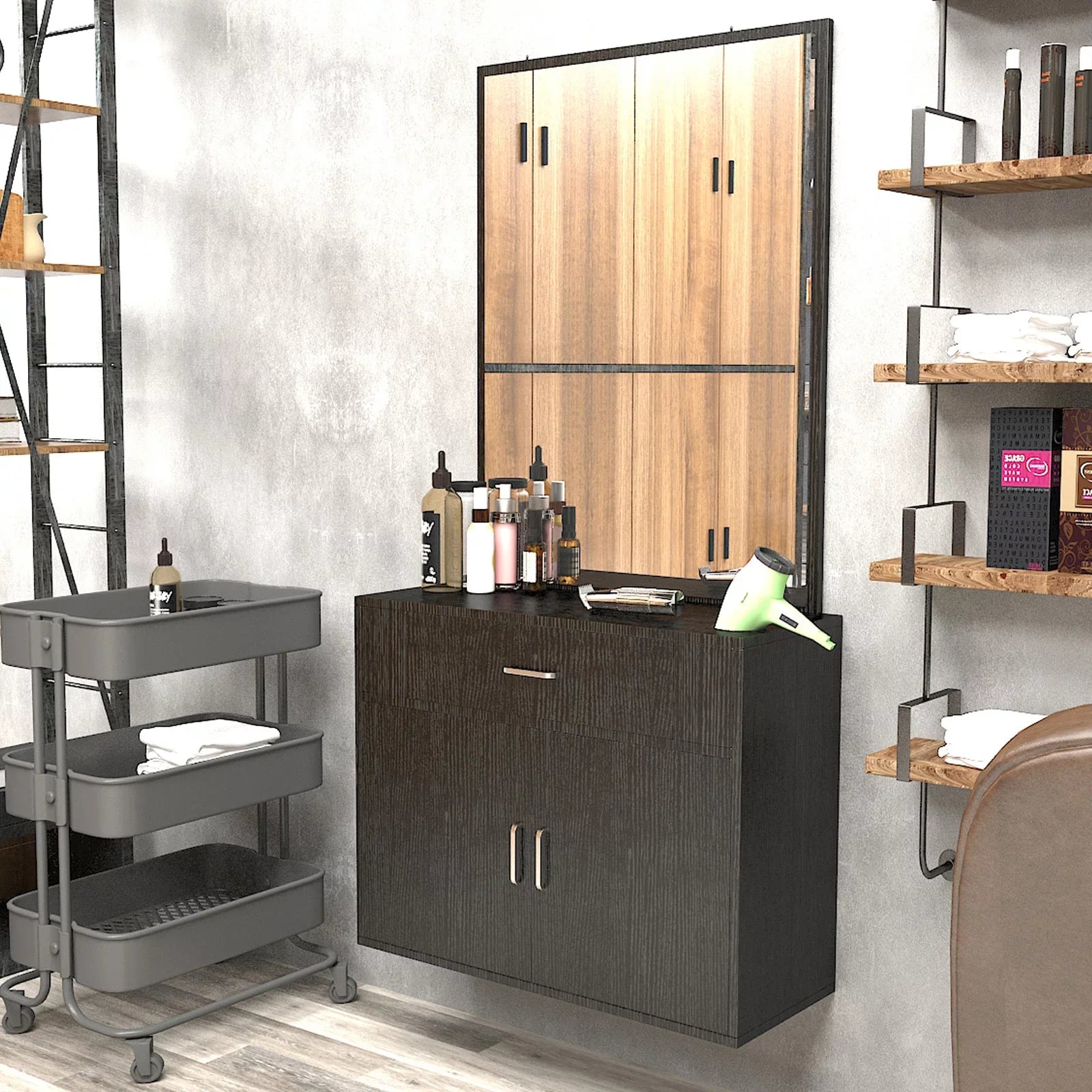 Artist Hand Wall Mount Barber Salon Station Hair Styling Makeup Spa with Mirror, Drawer, 2 Doors Ebony