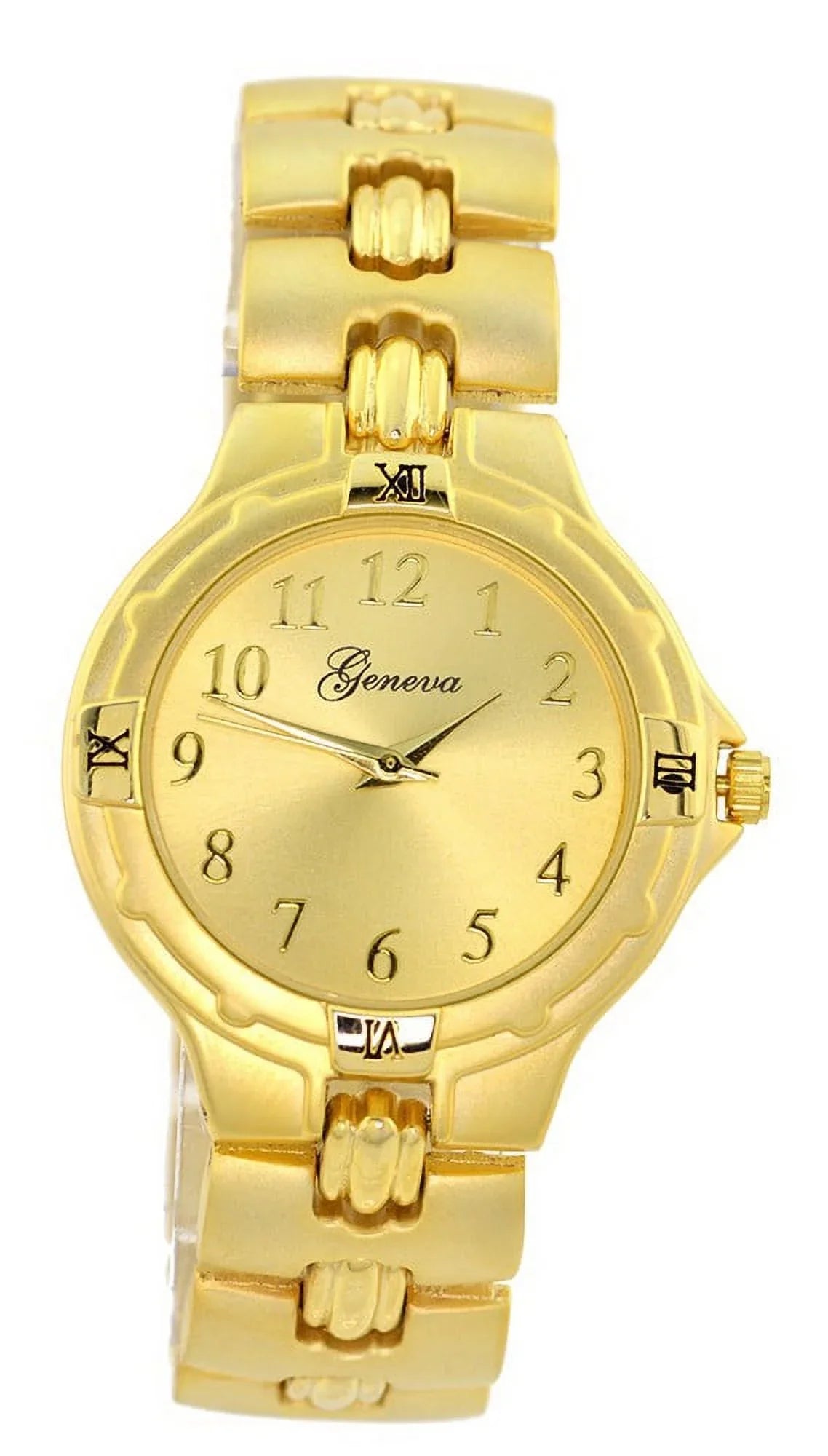 Ladies Silver-Tone Fashion Desiger Styling watch 38mm 7.5 thick case. Gold-Tone dial, 17mm wide Gold-tone metal link bracelet fits 7.5 wrists