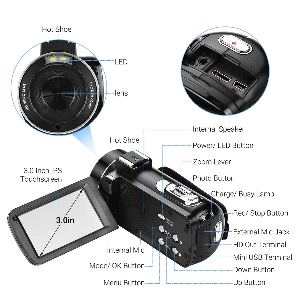 Andoer 4K Handheld DV Professional Digital Video CMOS Sensor Camcorder with Hot Shoe for Mounting Microphone 3.0 Inch IPS Burst -Shaking Function