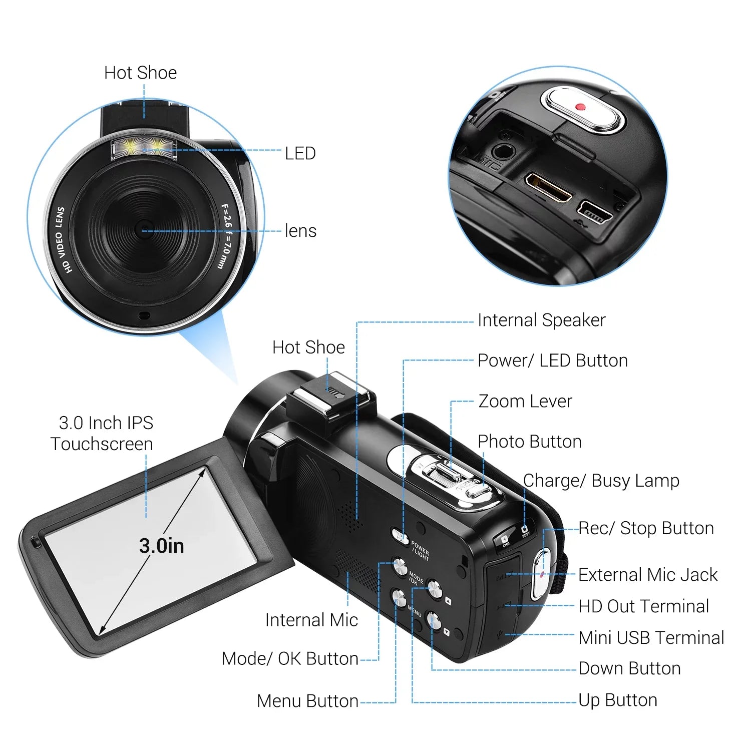 Andoer 4K Handheld DV Professional Digital Video CMOS Sensor Camcorder with Hot Shoe for Mounting Microphone 3.0 Inch IPS Burst -Shaking Function