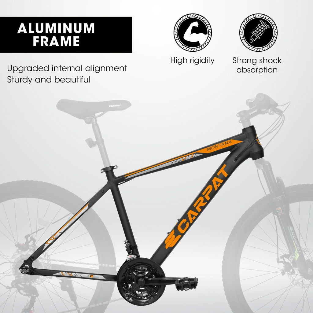 Ecarpat 26 inch mountain bike adult aluminum frame shock absorbing front fork bike 21-speed disc brake, Jet orange.