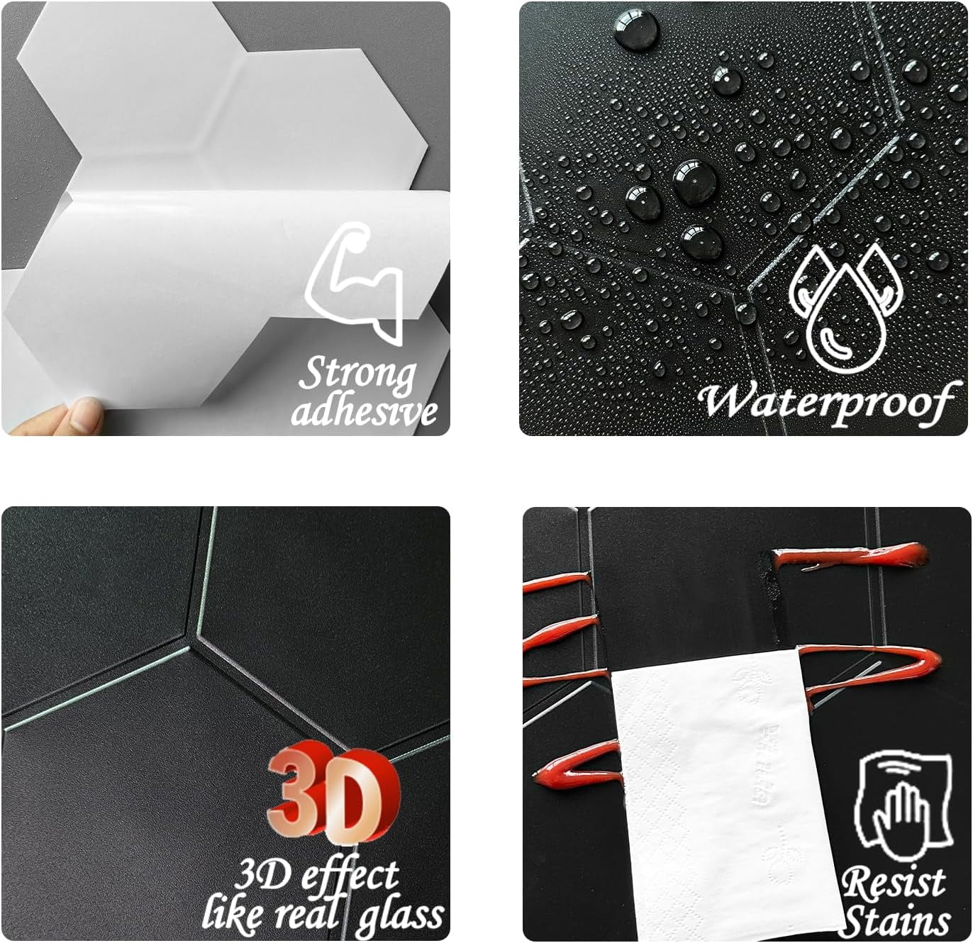 Real 3D Matte Dark Self Adhesive PET Tiles Big Hexagon Peel and Stick Backsplash for Kitchen Bathroom(11.57''x10.35'',10-Sheet)
