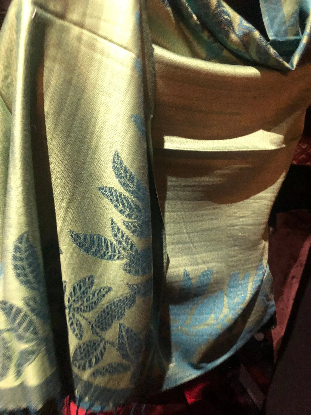 Vintage Teal blue and Green Vine Brocade Reversable Pashmina Scarf Wrap shawl