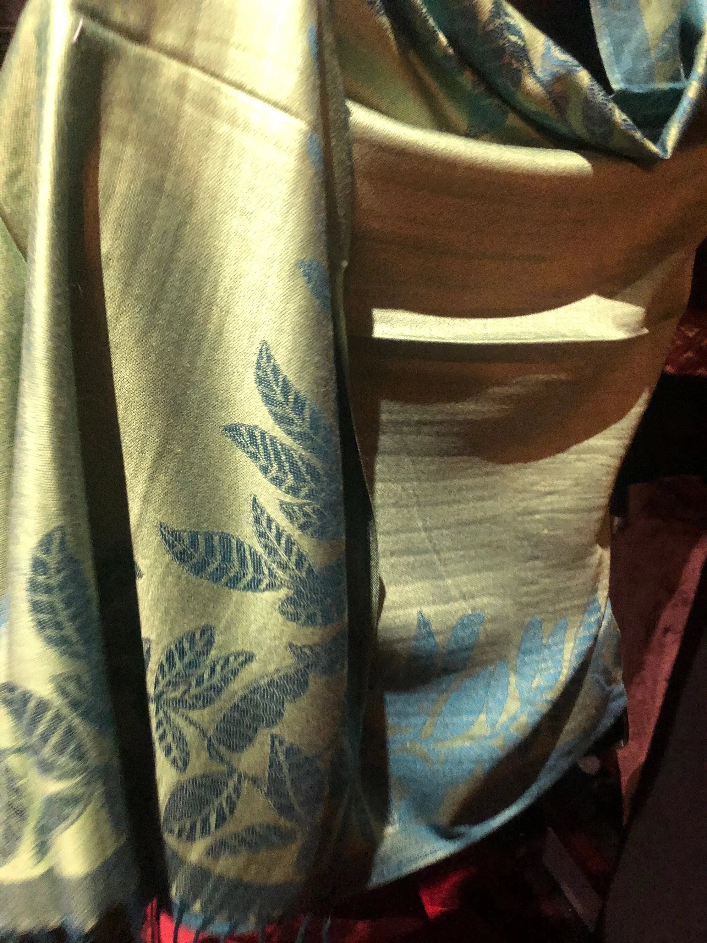 Vintage Teal blue and Green Vine Brocade Reversable Pashmina Scarf Wrap shawl