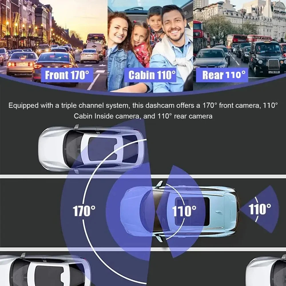 3 Channel Dash Cam Front and Rear Inner 1080p 3 Inches 170° Wide Angle Dashcam, Dash Camera for Cars with 128GB Card, Super Night Vision, G-Sensor, Motion Detection