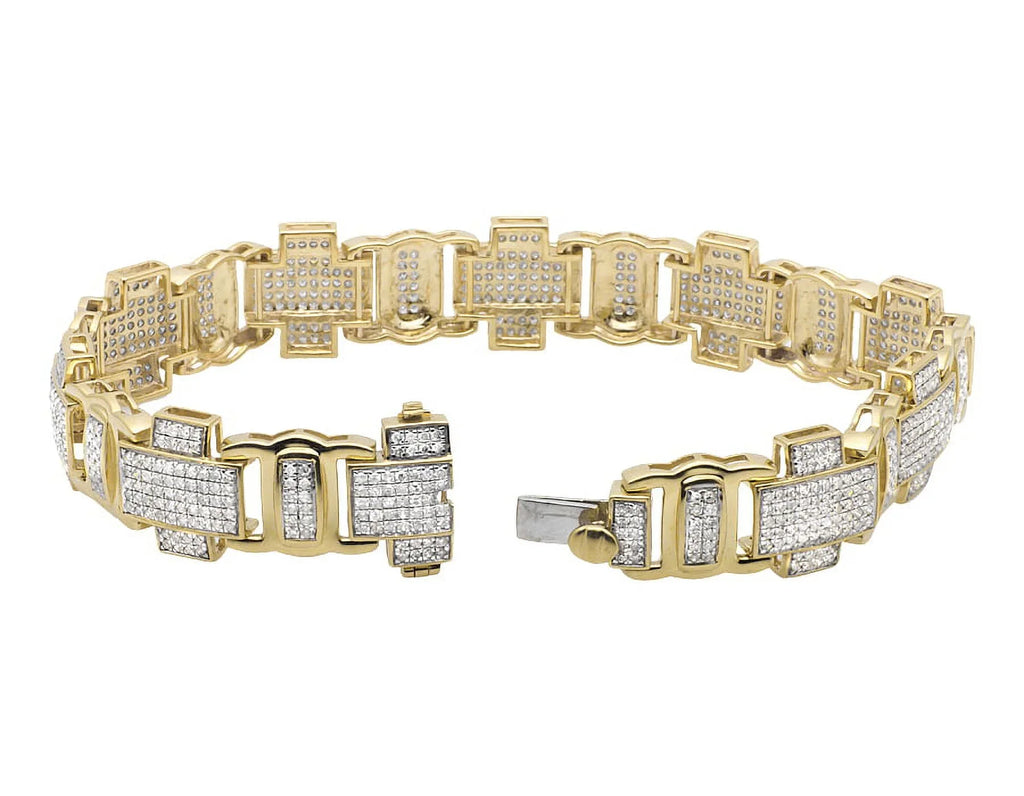 Men's 10K Yellow Gold Pave Genuine Diamond Cross Link Statement Bracelet 8" 4.5ct