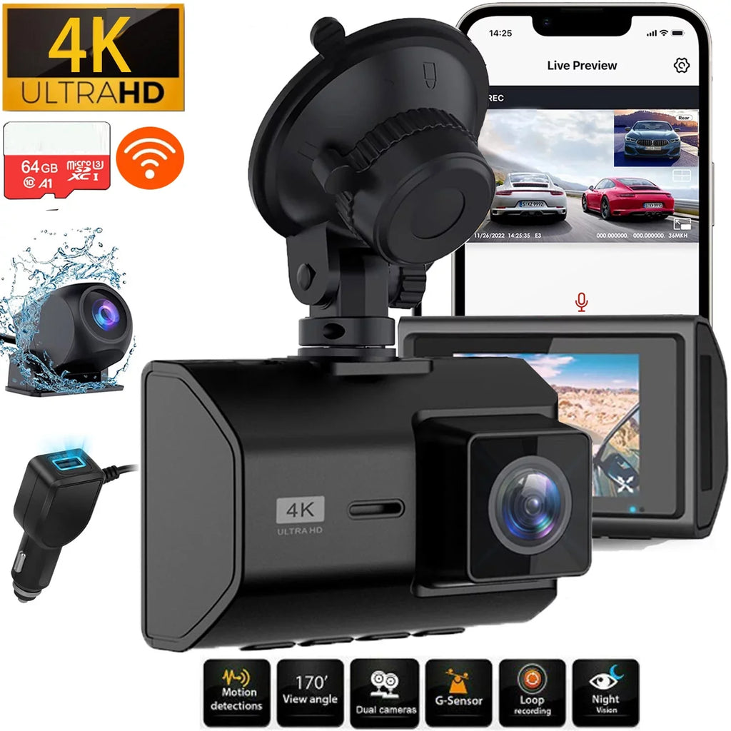 4K Front and Rear Dash Cam for Cars, Dual Dash Cam with SD Card, 2 Inch Dash Camera with GPS WIFI, Night Vision, Loop Recording, Parking Mode, Wide Angle, 64GB SD Card Included