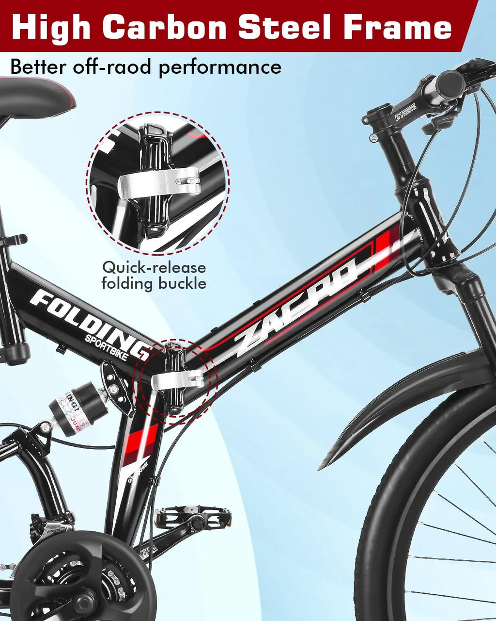 Zacro 26 Inch Folding Mountain Bike, Upgraded 24 Speed/Carbon Fiber Wheels MTB Bicycle, Shock Absorbers High-Carbon Steel & Dual Disc Brake City Road Bikes, Red
