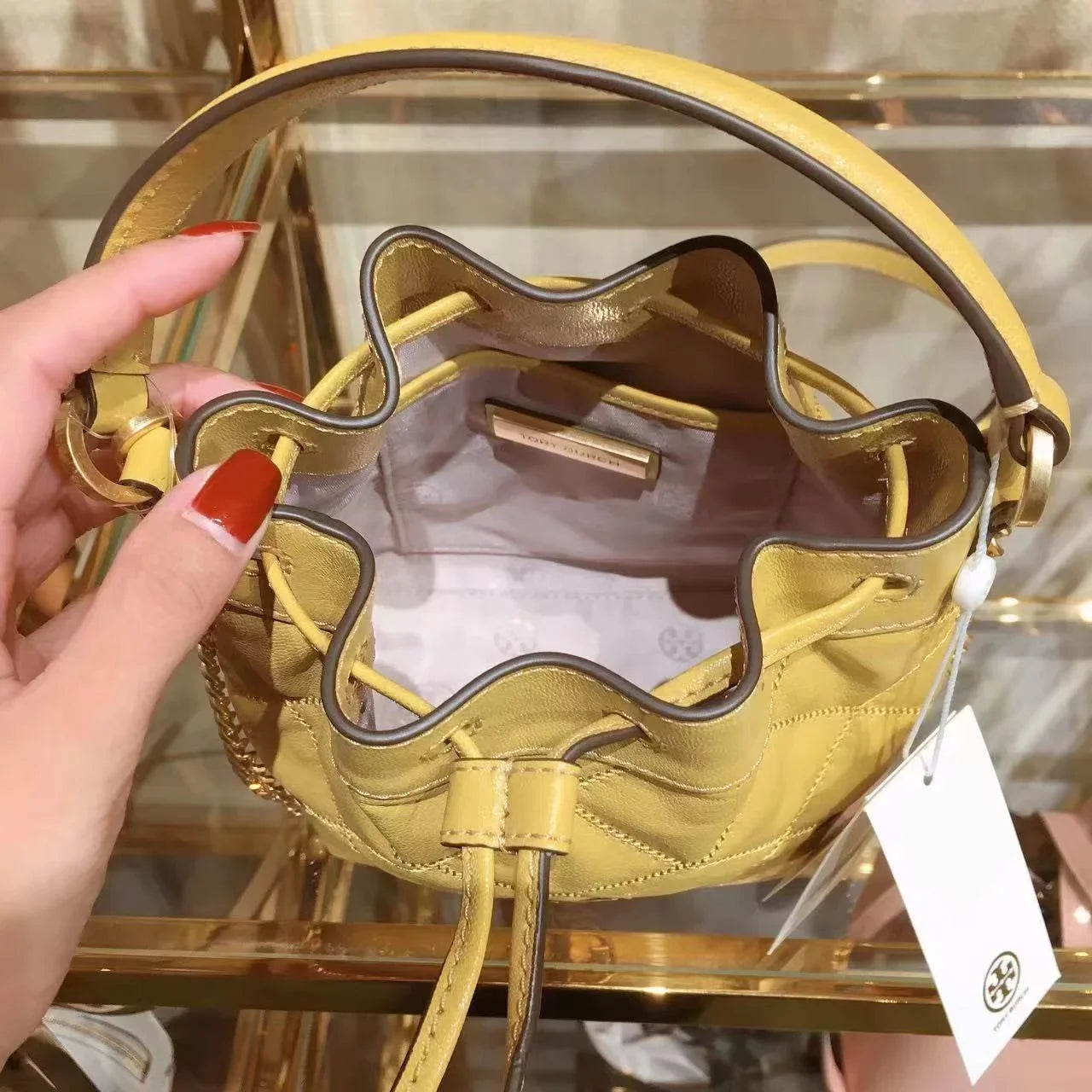 Tory Burch 87869 0422 Willa Mini Drawstring Bucket Shoulder Bag Golden Sunset