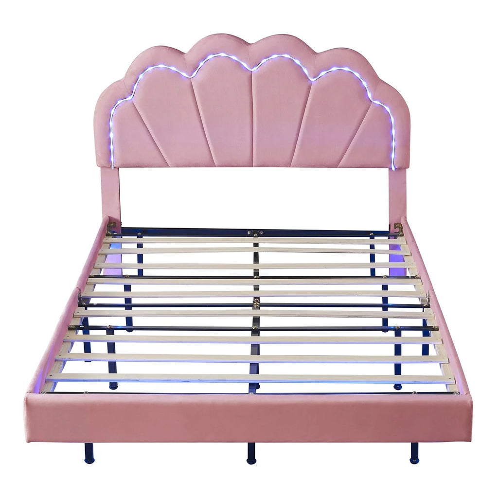 Full Size Smart LED Platform Bed with Wooden Slats Support Beige