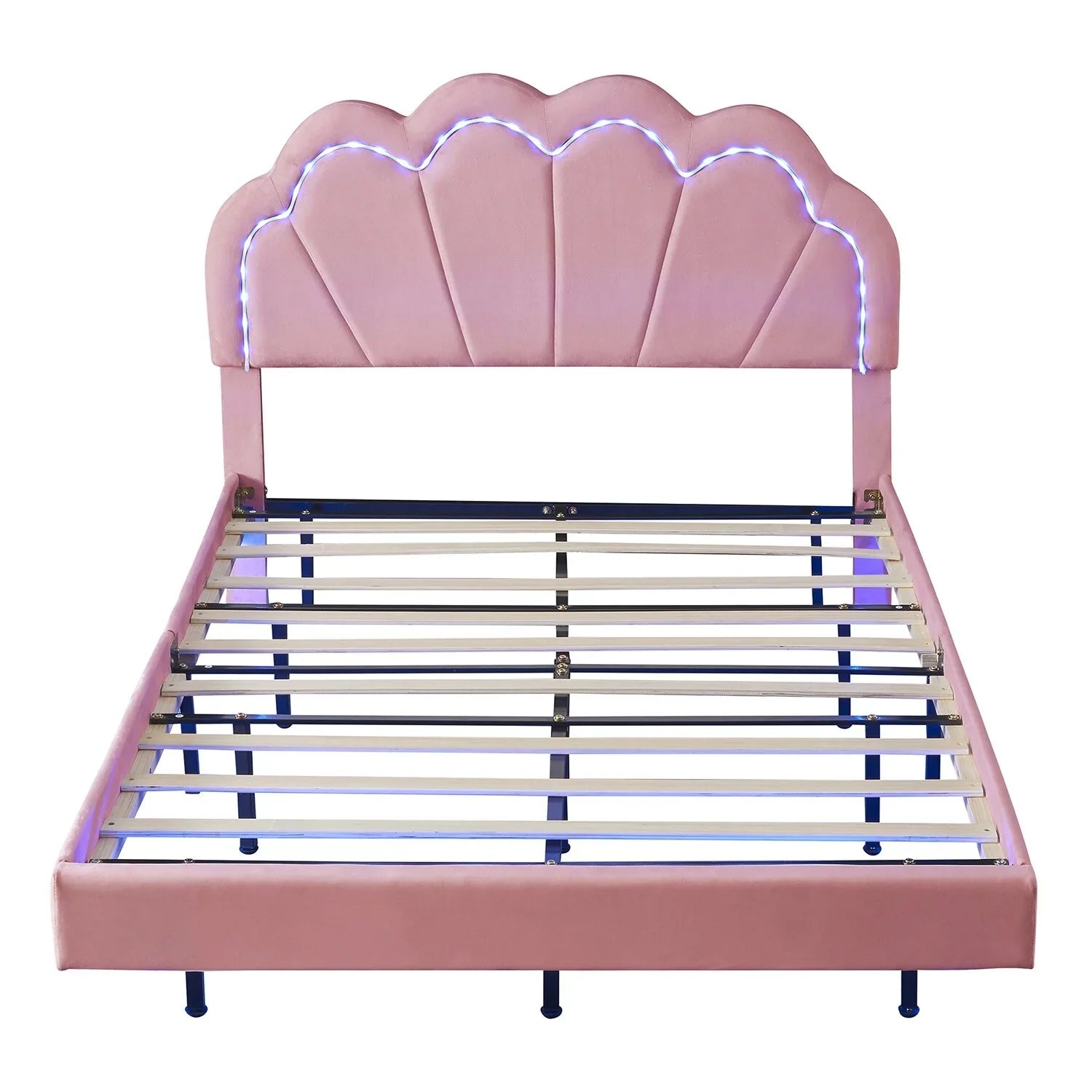 Full Size Smart LED Platform Bed with Wooden Slats Support Beige
