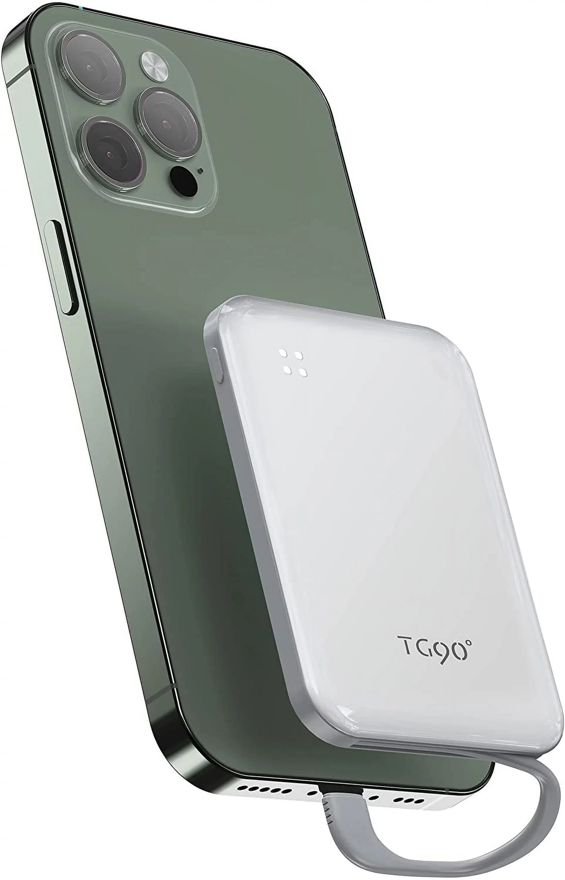 TG90 4500mah Mini Portable Charger with Built-in Cable, Small Power Bank Portable Cell Phone Charger Compatible with iPhone 13/13 Pro Max/12/12 Pro Max/11/11 Pro Max/X/XS/8/7/6/SE and More White