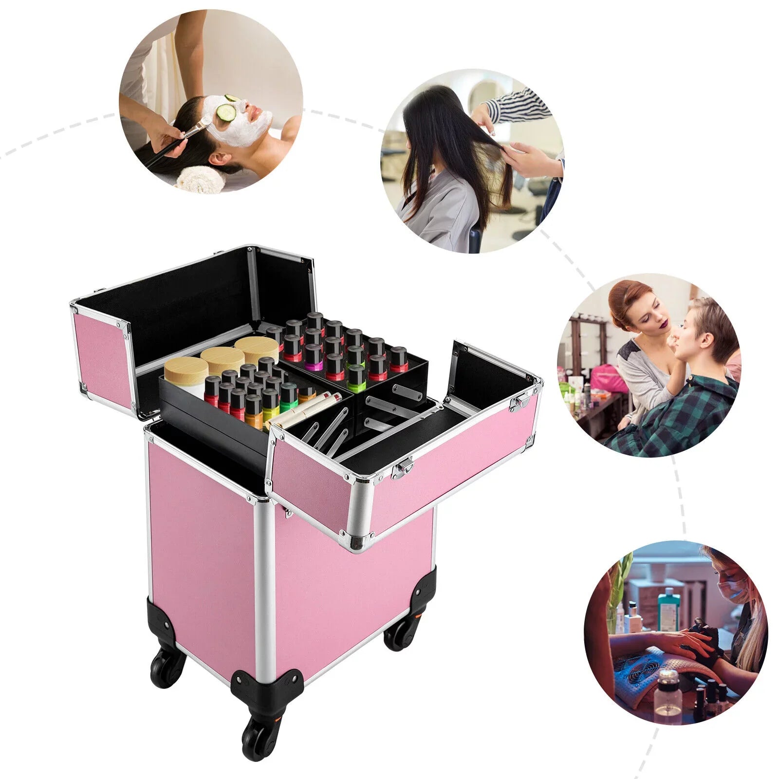 Miumaeov Rolling Makeup Train Case Cosmetic Trolley Cosmetic Case Professional Large Storage Organizer Salon Barber Case Travel Adjustable Dividers for Beauty Personal Care