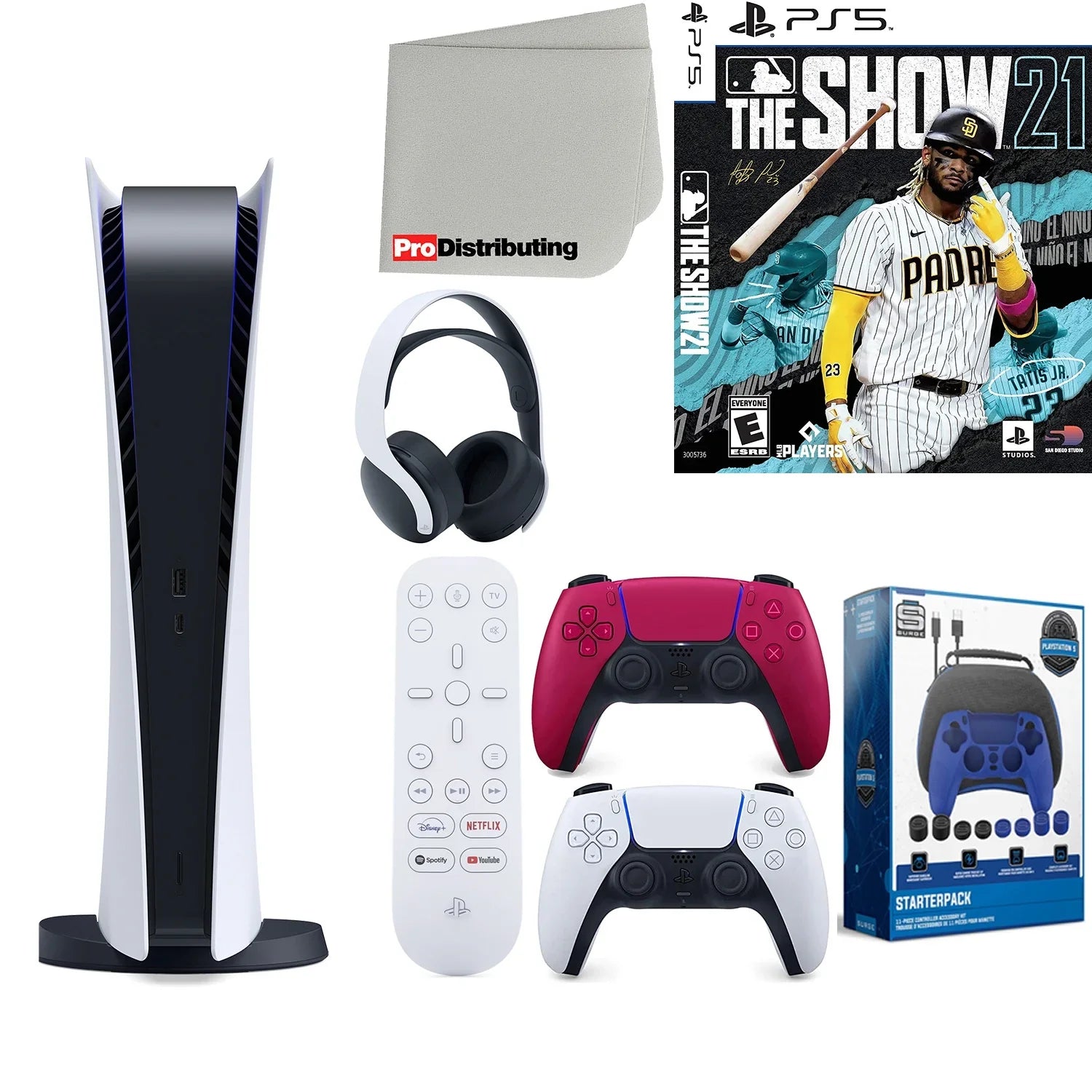 Playstation 5 Digital Version ( PS5 Digital) with Cosmic Red Extra Controller, Headset, Media Remote, MLB The Show 21, Accessory Starter Kit and Microfiber Cleaning Cloth Bundle