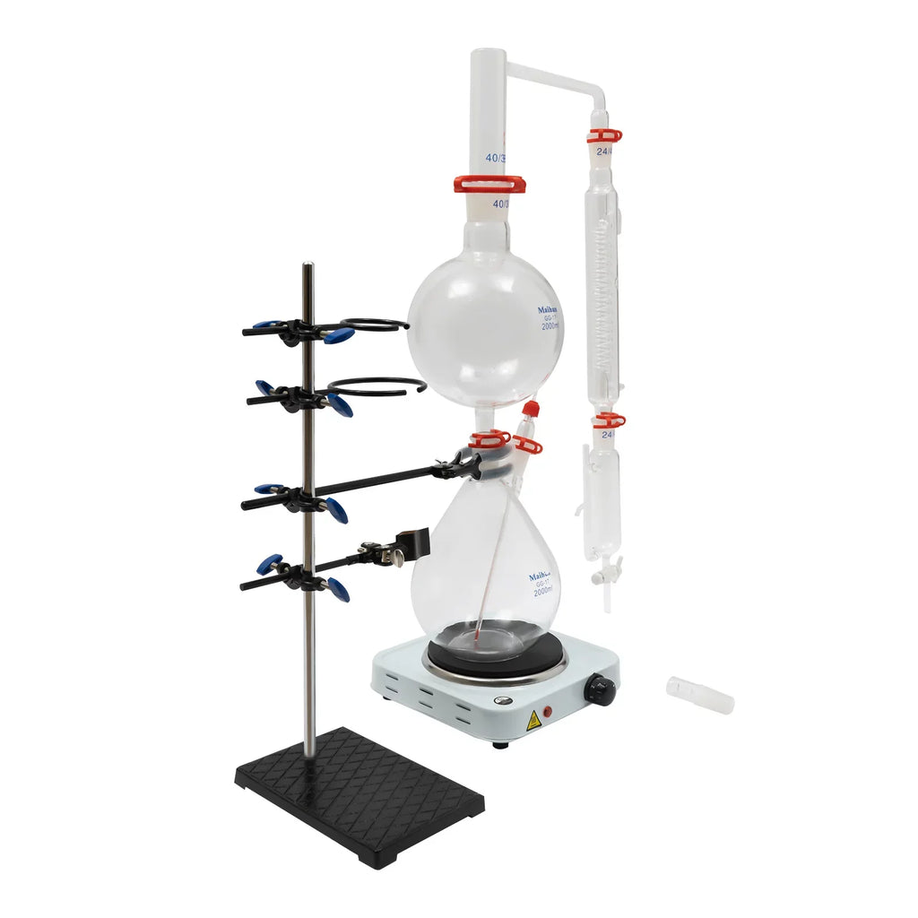 Miumaeov 2000ML Essential Oil Distillation Apparatus with Condenser + Hot Stove + Essential Oil Separator Lab Glass Distillation Kit Steam Water Distiller Purifier