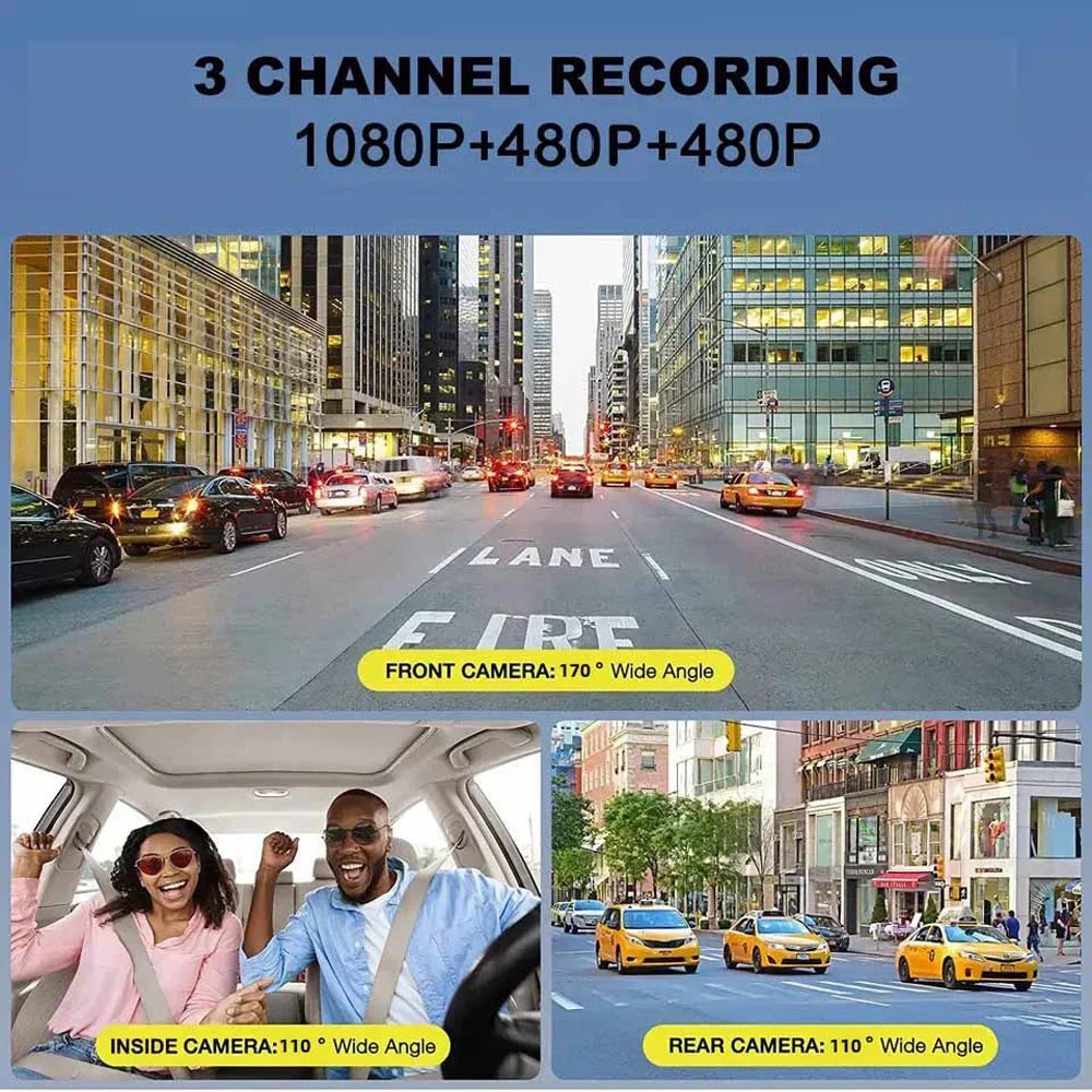 3 Channel Dash Cam Front and Rear Inner 1080p 3 Inches 170° Wide Angle Dashcam, Dash Camera for Cars with 128GB Card, Super Night Vision, G-Sensor, Motion Detection