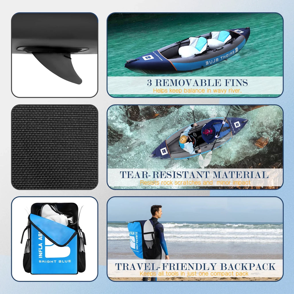 BRIGHT BLUE Inflatable Touring White Water Paddling Kayak 1-2 Persons sit-on with Paddles,Hand Pump,Backpack,Fins