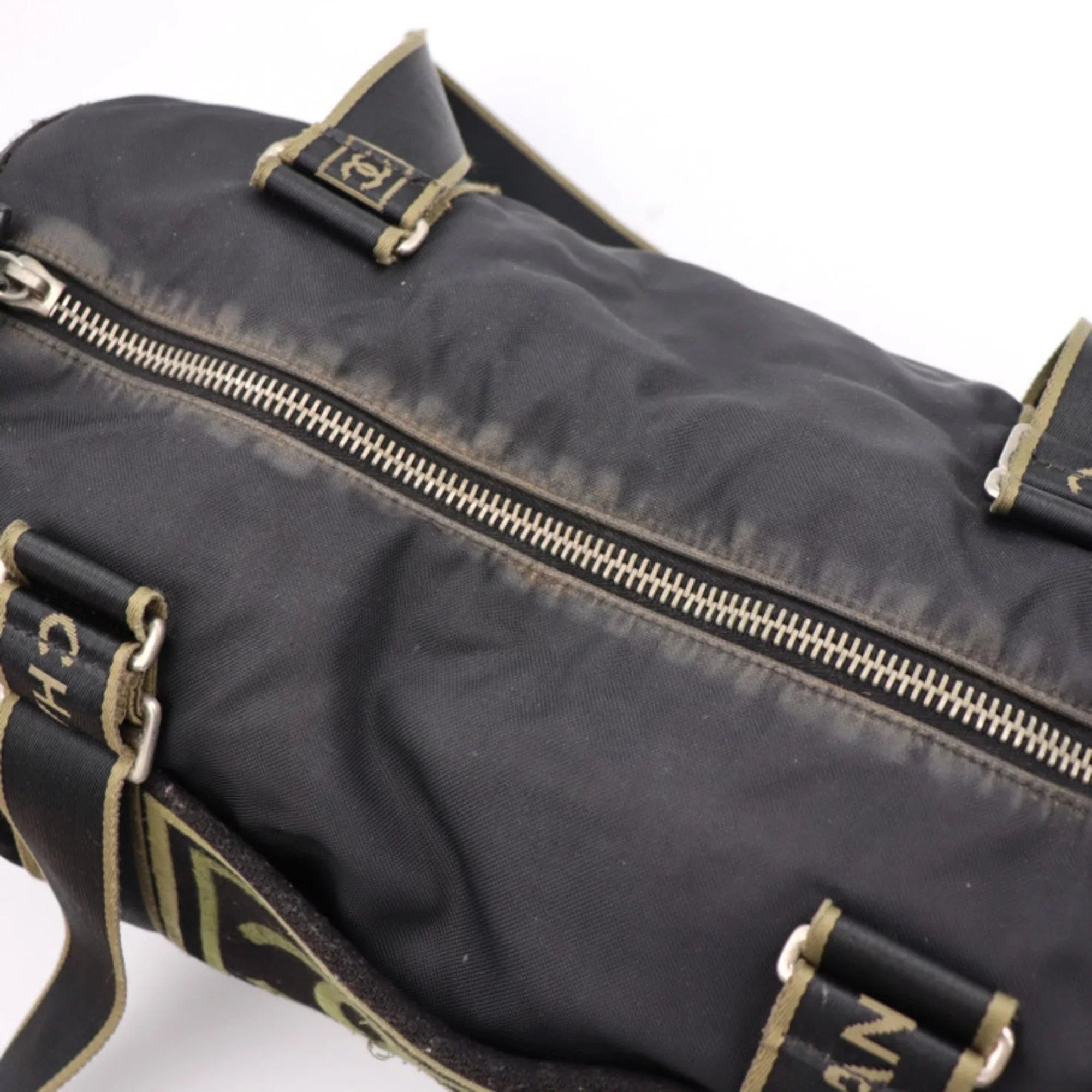 Pre-Owned CHANEL Chanel Sport Line Boston Bag Nylon Canvas Jet Khaki Green Shoulder Travel Cocomark 10 Series Round Cylindrical (Fair)