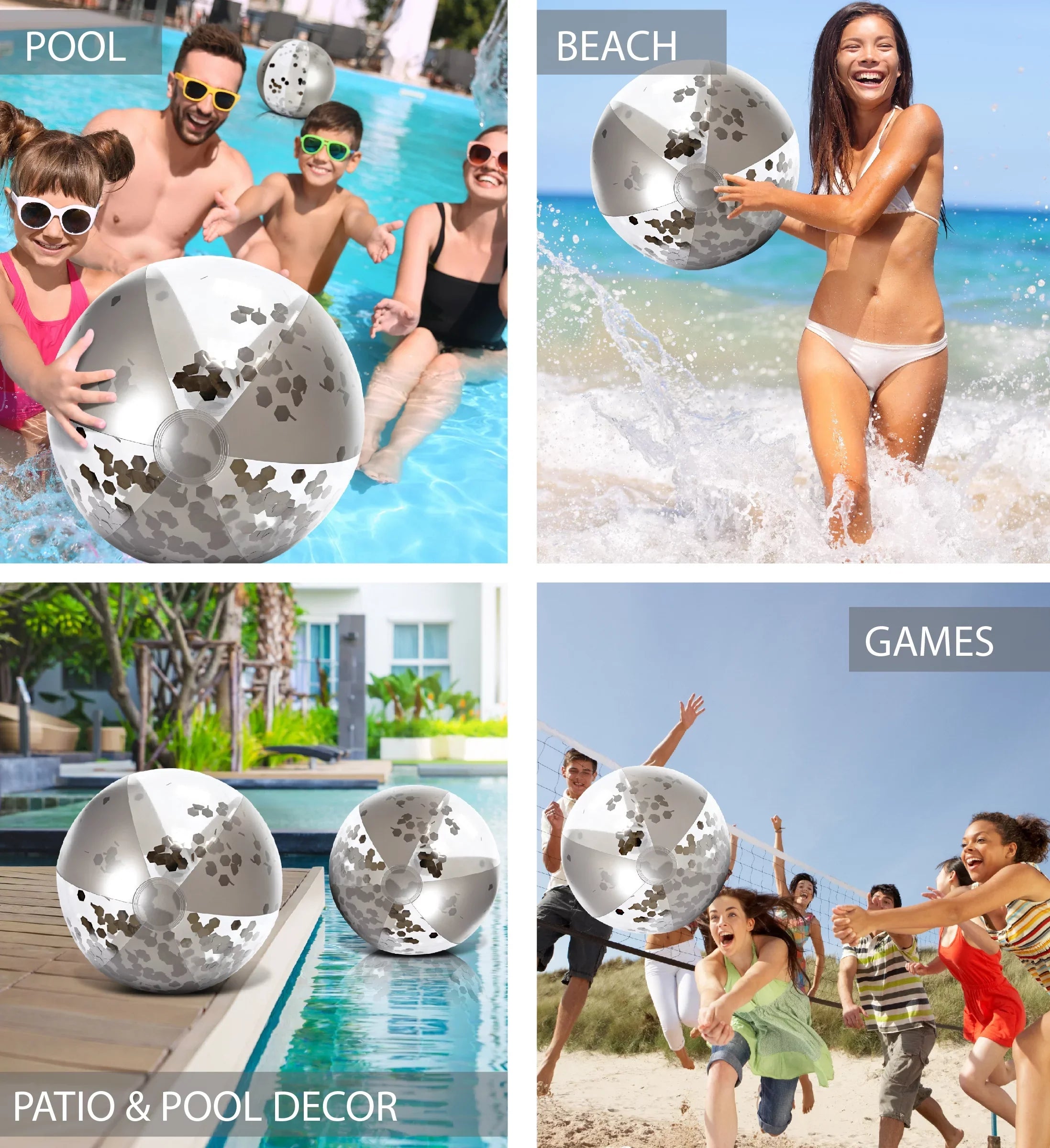 Mozlly Bundle of Silver & Gold Inflatable Beach Balls Set of 4 - Premium Heavy Duty Confetti Pool Balls, Size 16 Inch, Fun Water Pool Float Toys for Beach, Lake, Party, Vacation, Decor - 4 Pack