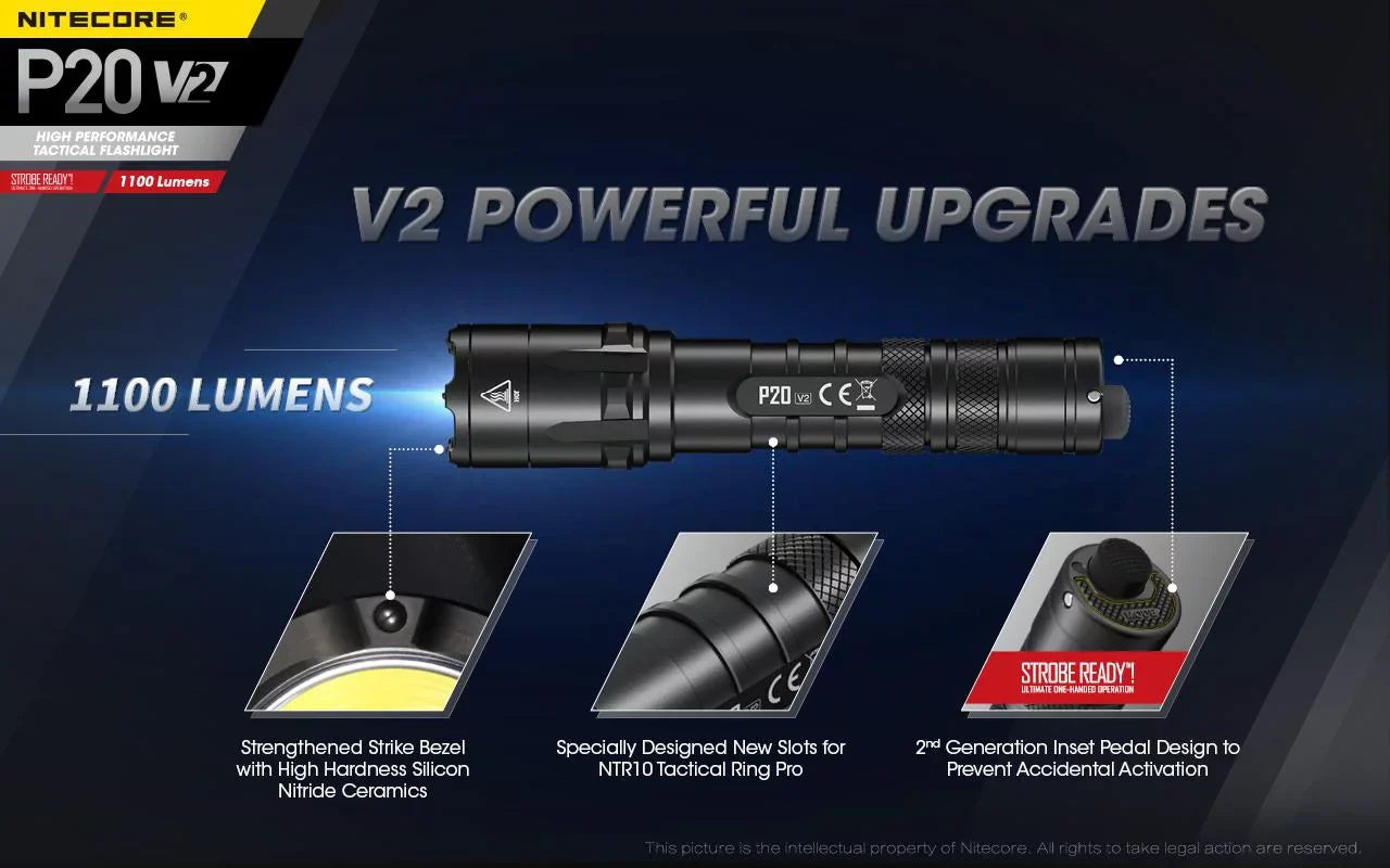 Combo: Nitecore P20 V2 Tactical LED Flashlight - CREE XP-L2 V6 - 1100 Lumens w/NL1834R Battery +Free Eco-Sensa USB Cord