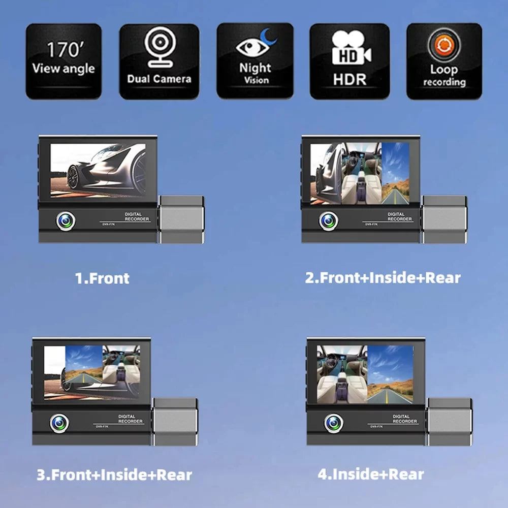 Arealer 3 Cameras Dash Cam 4in Clear Car Rearview Mirror Car Video Recording Car Recorder Auto Safety Driving Recorder